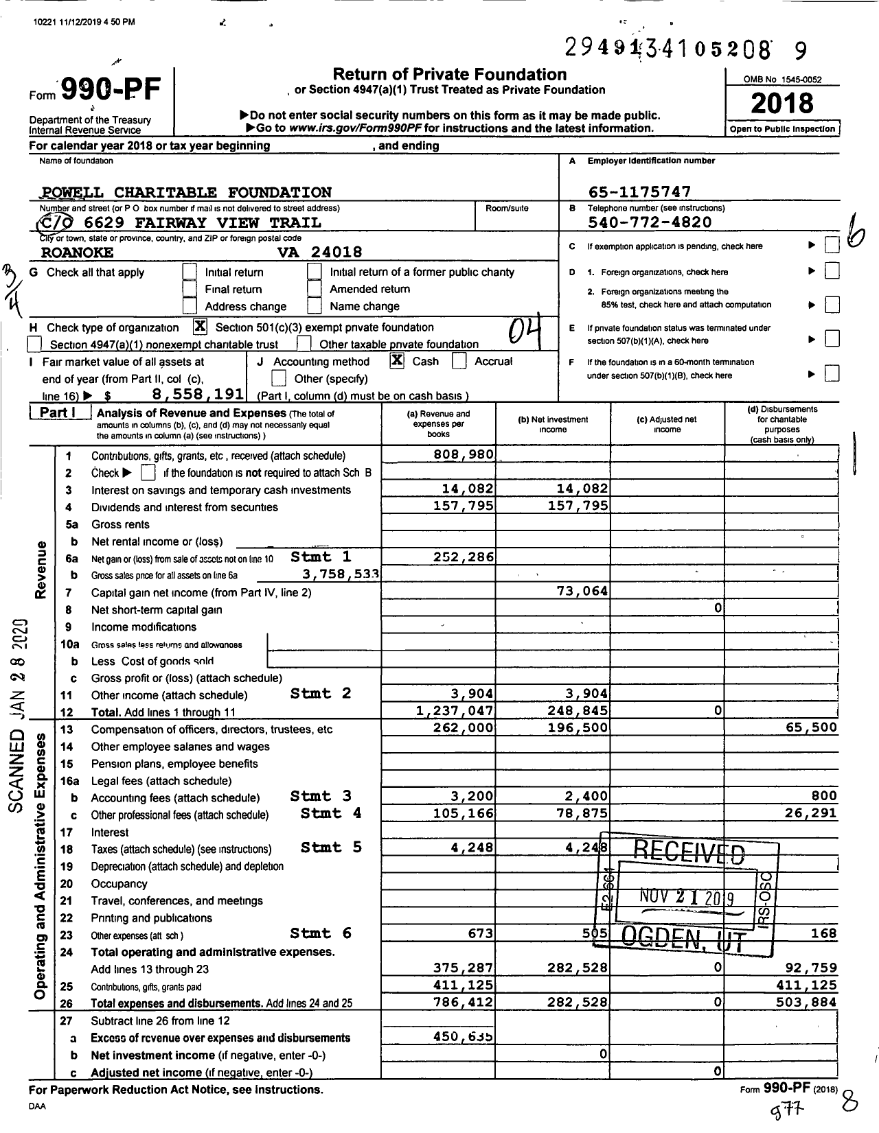 Image of first page of 2018 Form 990PF for Powell Charitable Foundation