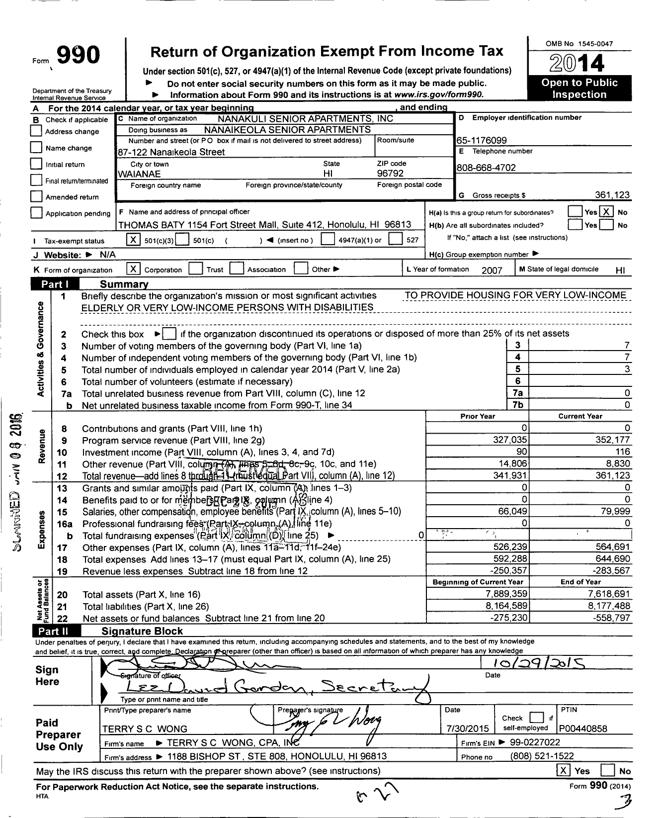 Image of first page of 2014 Form 990 for Nanaikeola Senior Apartments