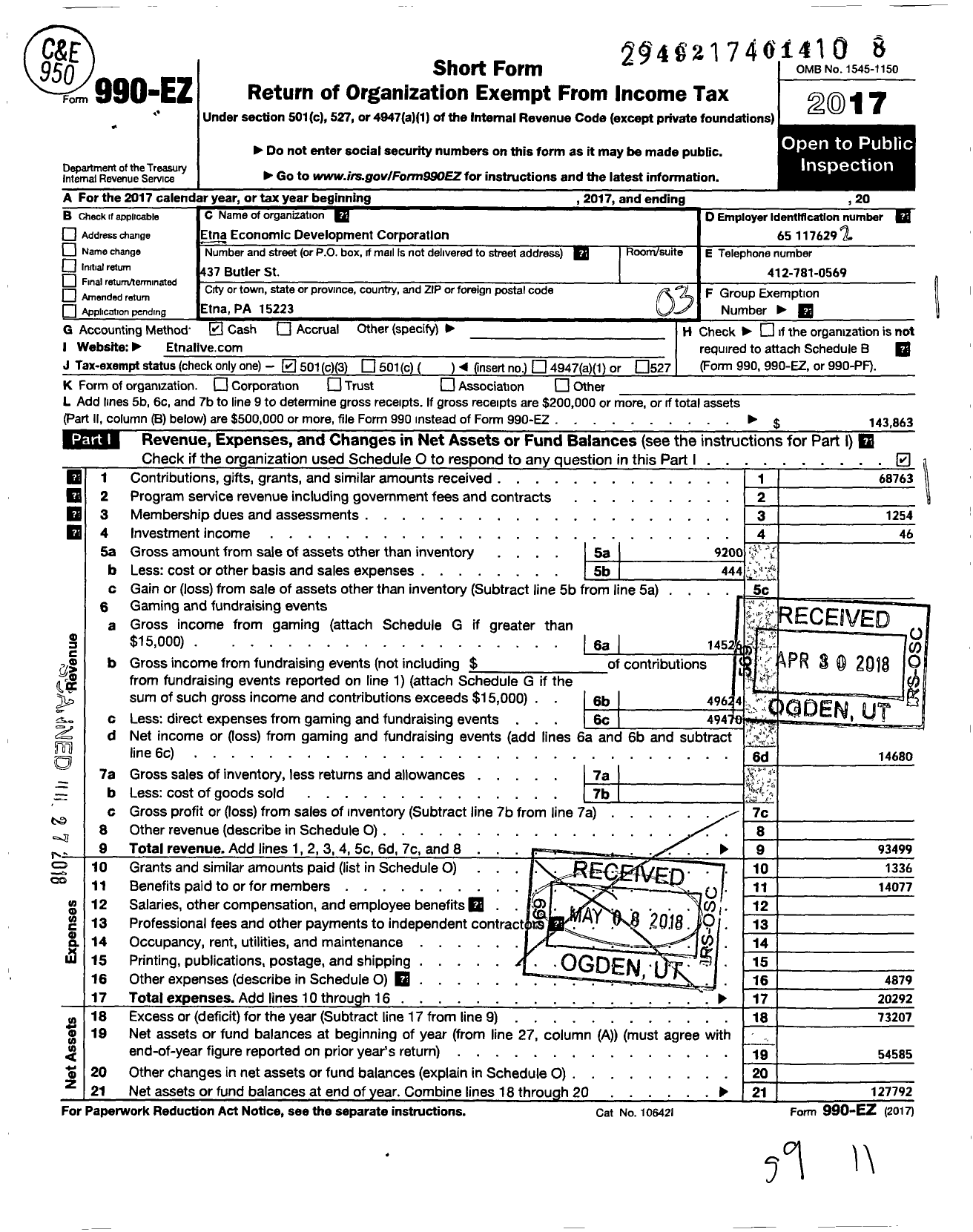 Image of first page of 2017 Form 990EZ for Etna Economic Development Corporation