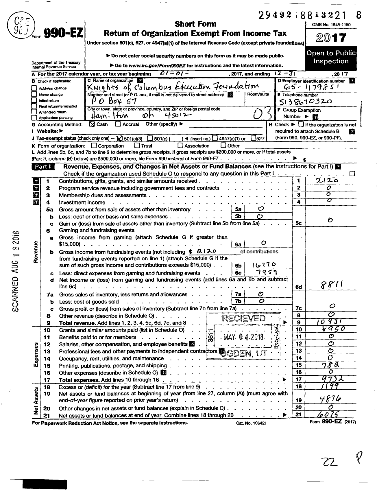 Image of first page of 2017 Form 990EZ for Knights of Columbus Educational Foundation