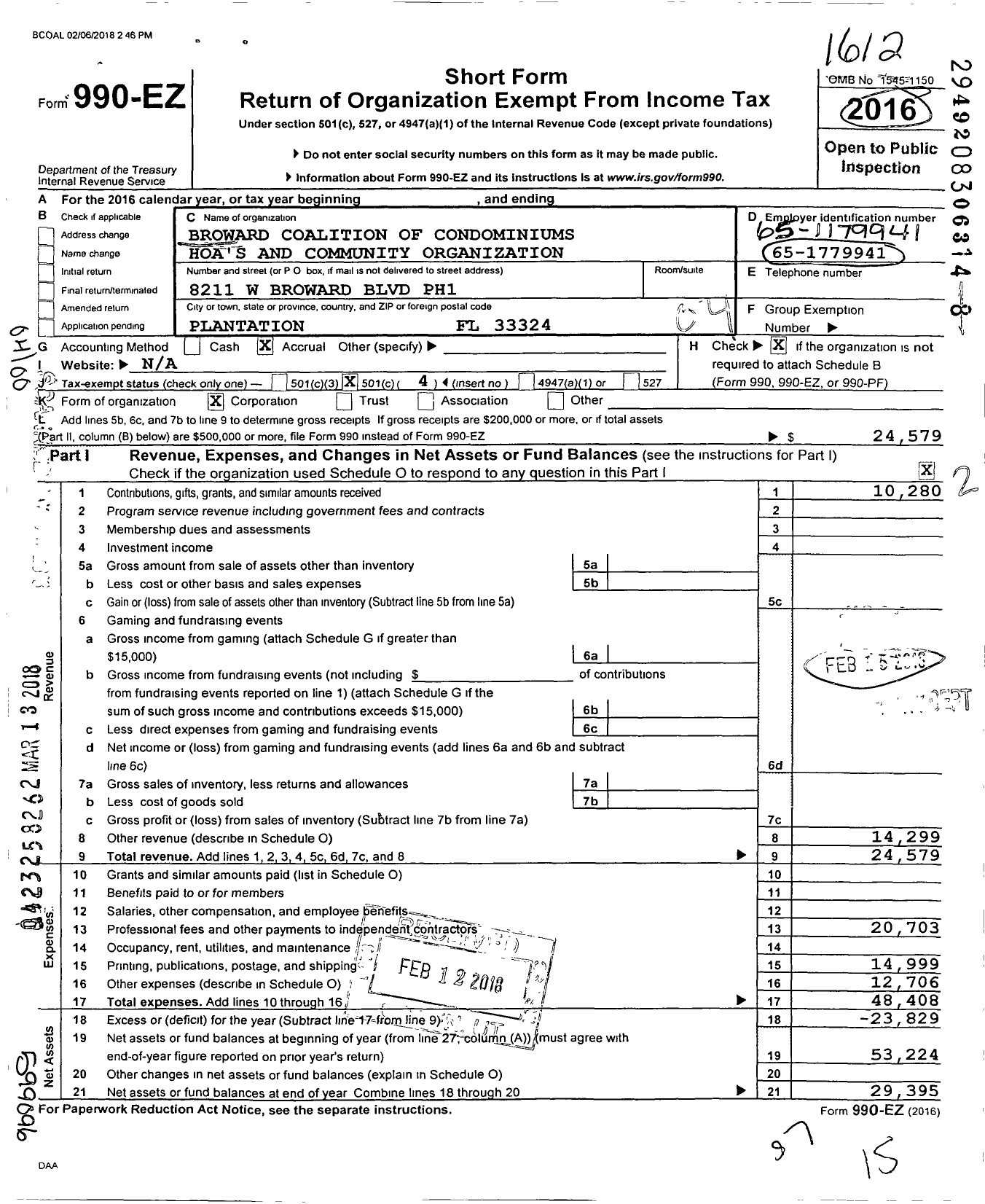 Image of first page of 2016 Form 990EO for Broward Coalition of Condos Home Owners Association and Community Org