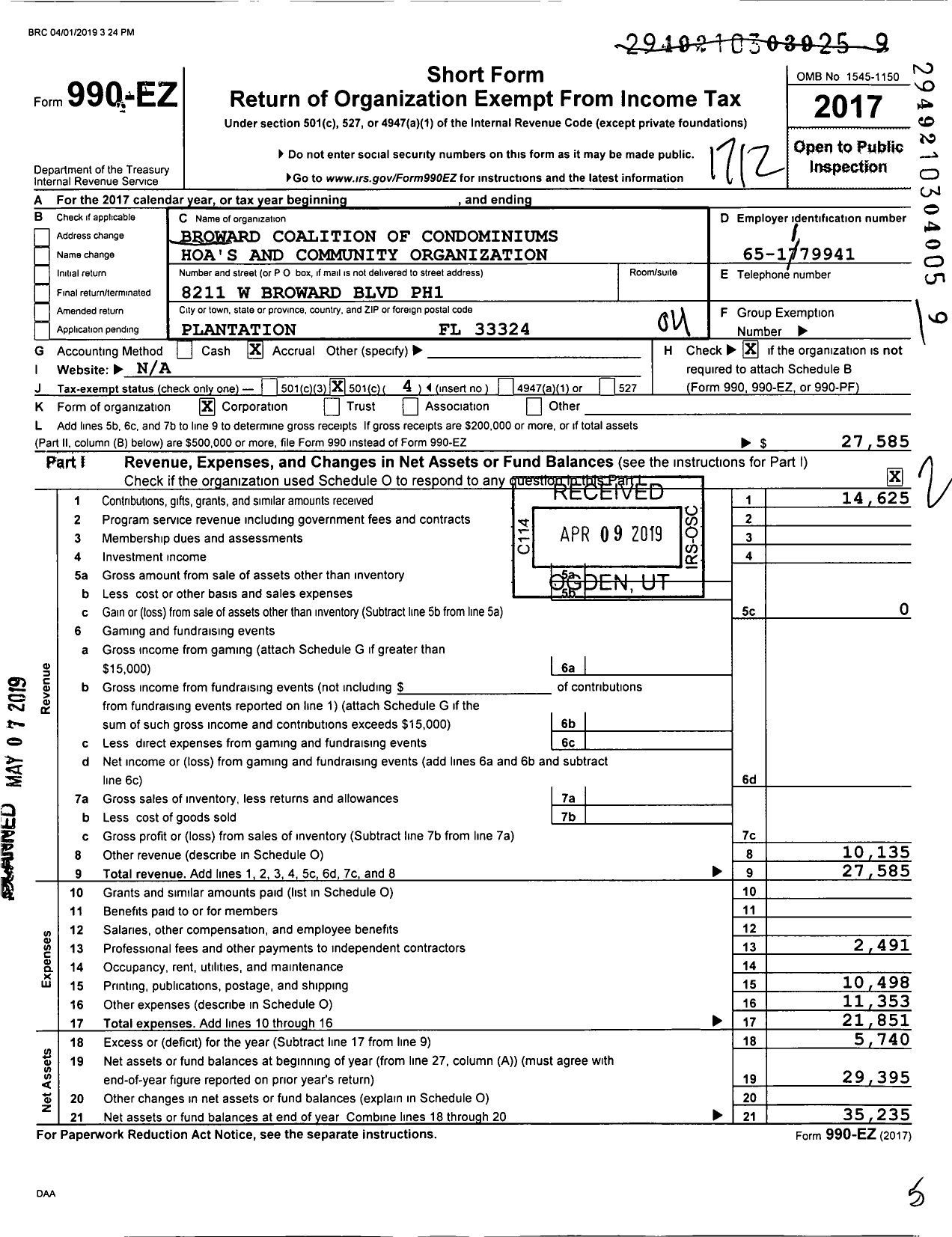 Image of first page of 2017 Form 990EO for Broward Coalition of Condos Home Owners Association and Community Org