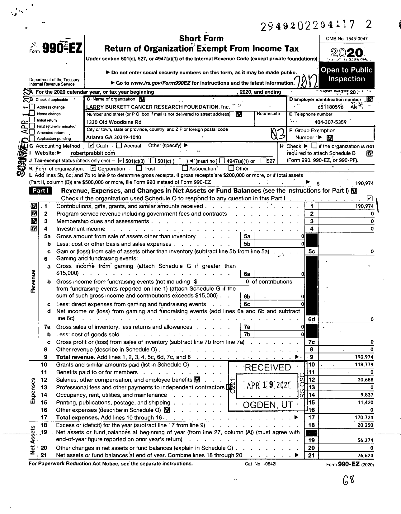 Image of first page of 2020 Form 990EZ for Larry Burkett Cancer Research Foundation