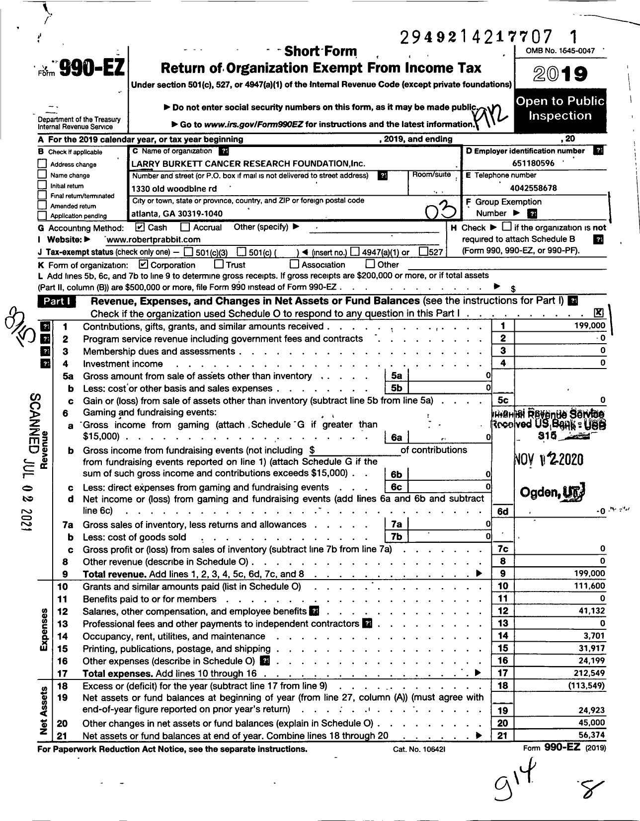 Image of first page of 2019 Form 990EZ for Larry Burkett Cancer Research Foundation