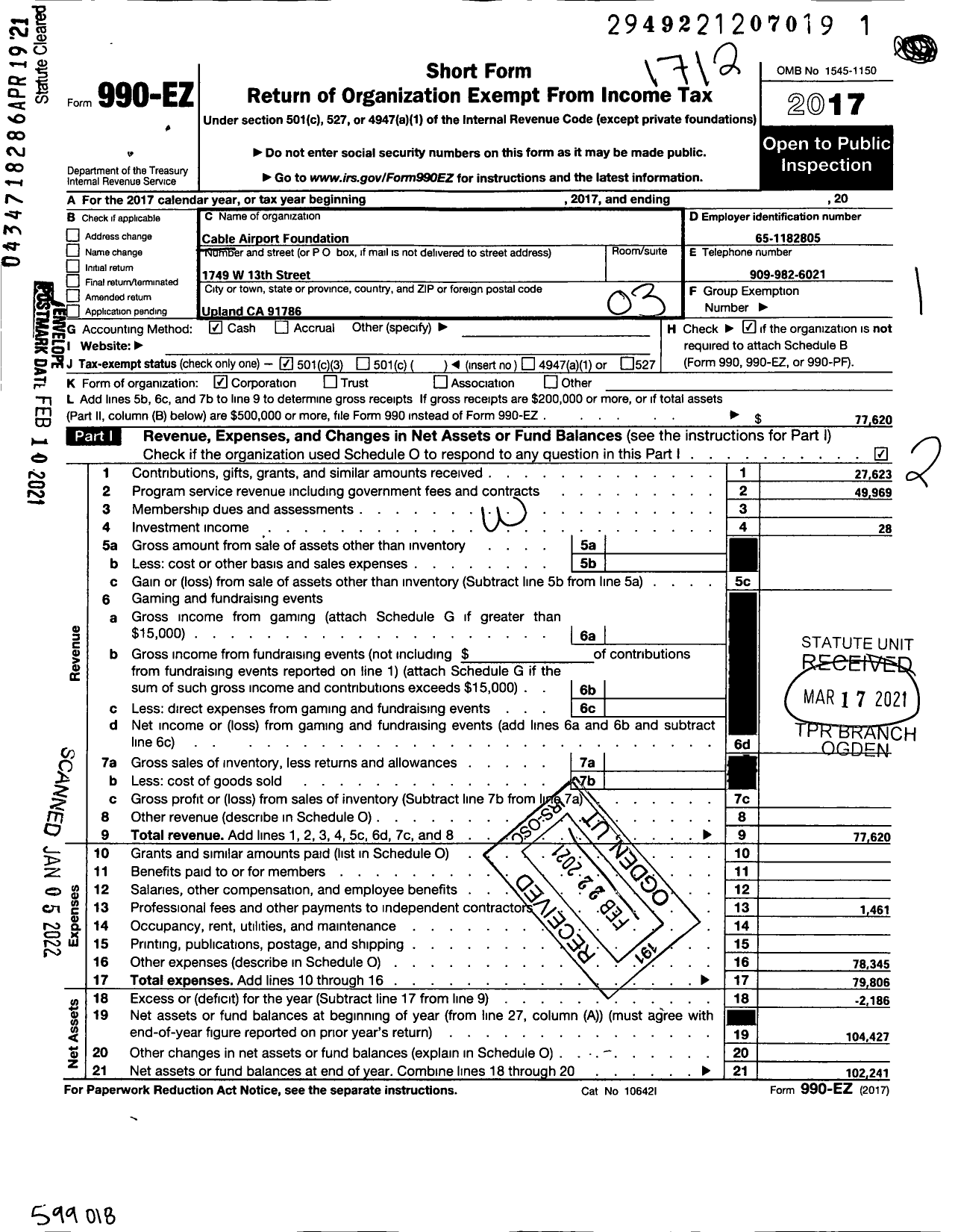 Image of first page of 2017 Form 990EZ for Cable Airport Foundation