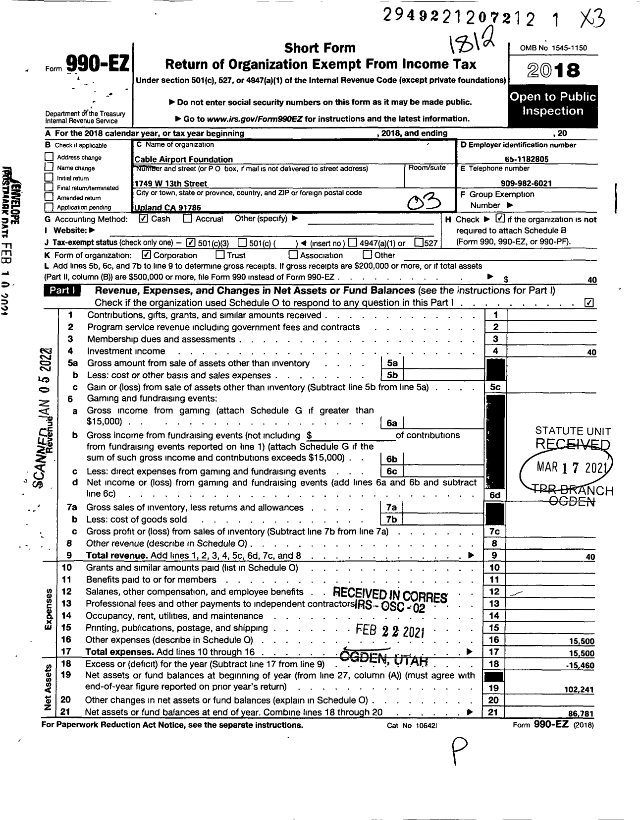 Image of first page of 2018 Form 990EZ for Cable Airport Foundation