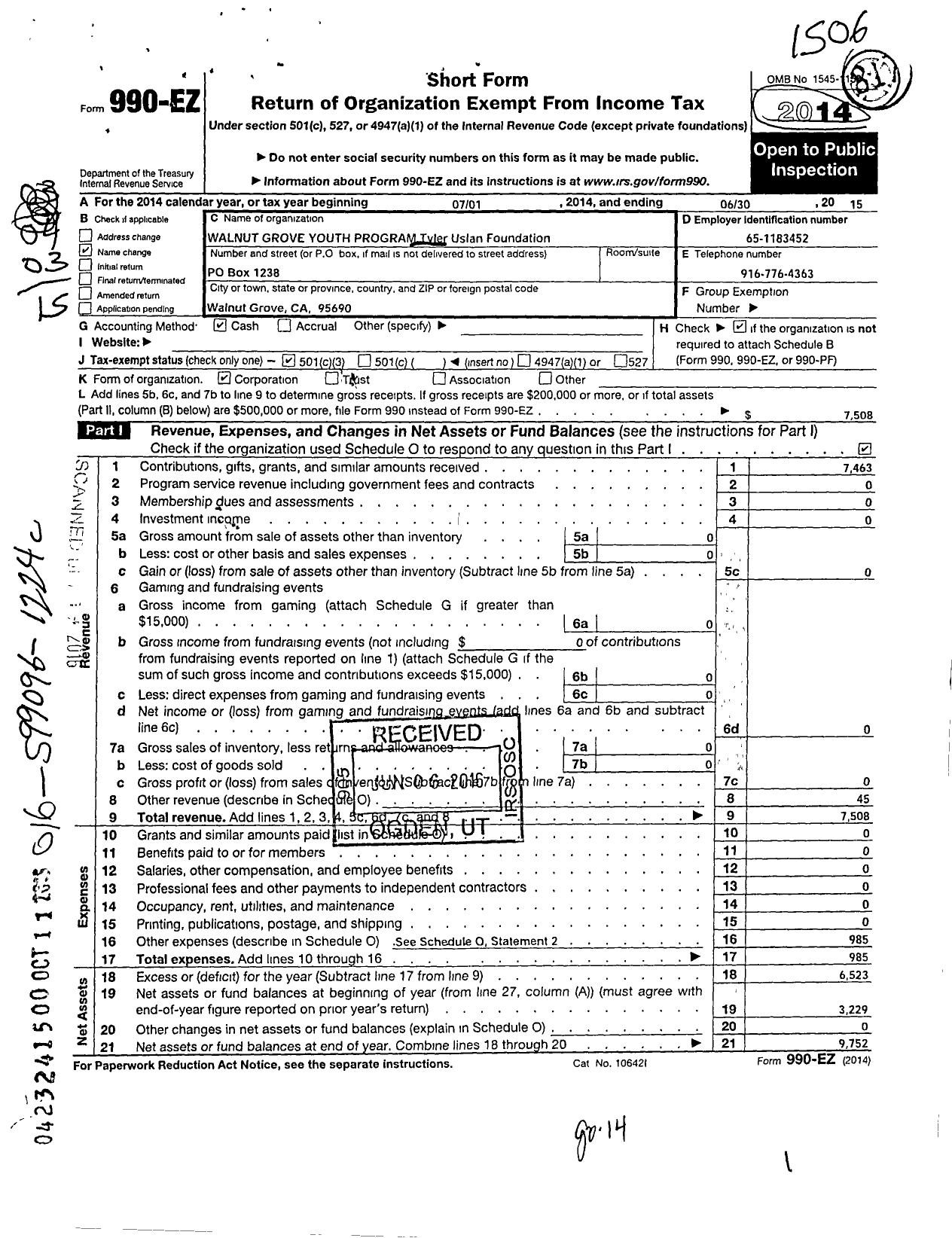 Image of first page of 2014 Form 990EZ for Tyler Uslan Foundation