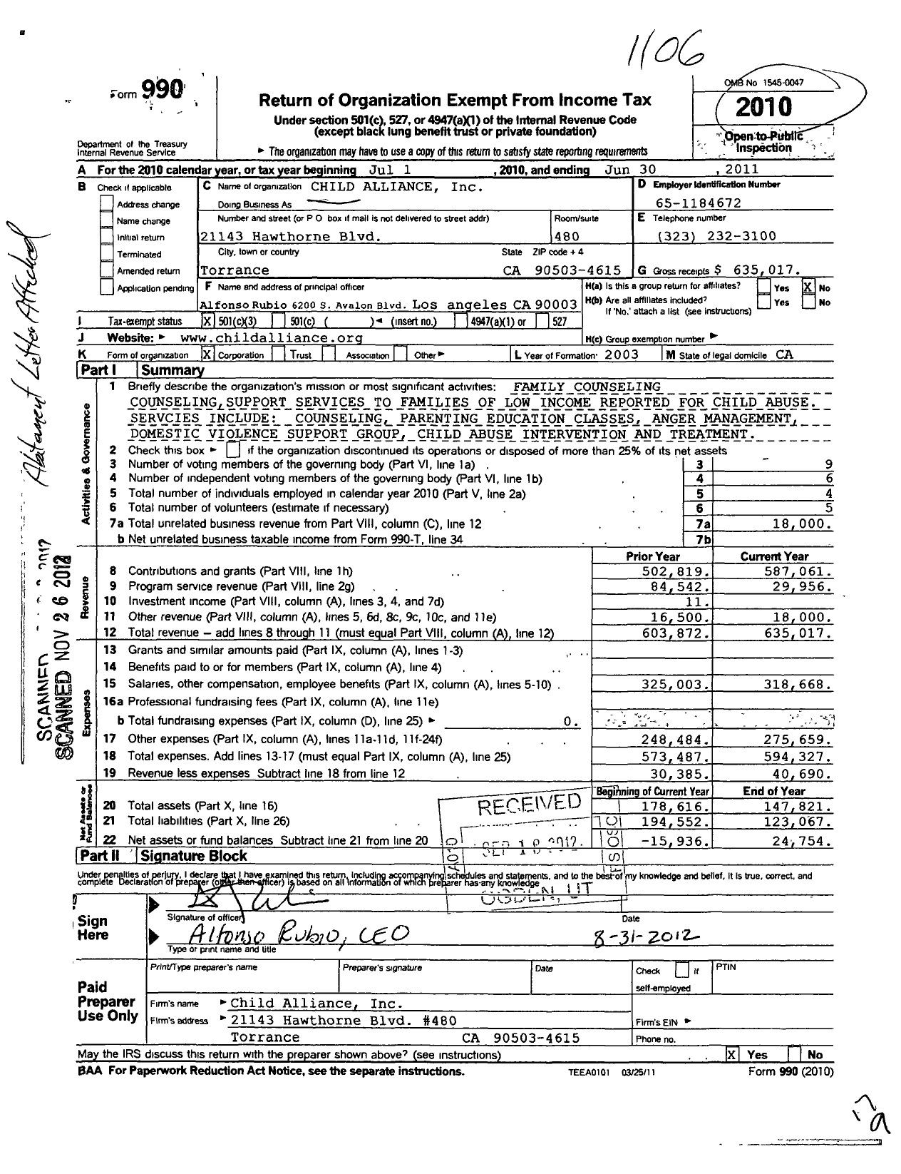 Image of first page of 2010 Form 990 for Child Alliance