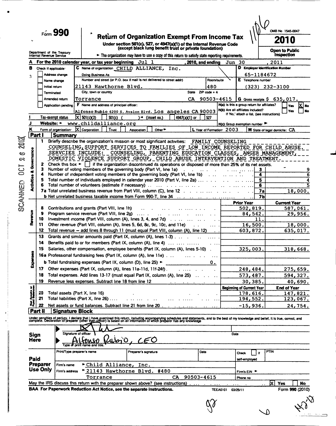 Image of first page of 2010 Form 990 for Child Alliance