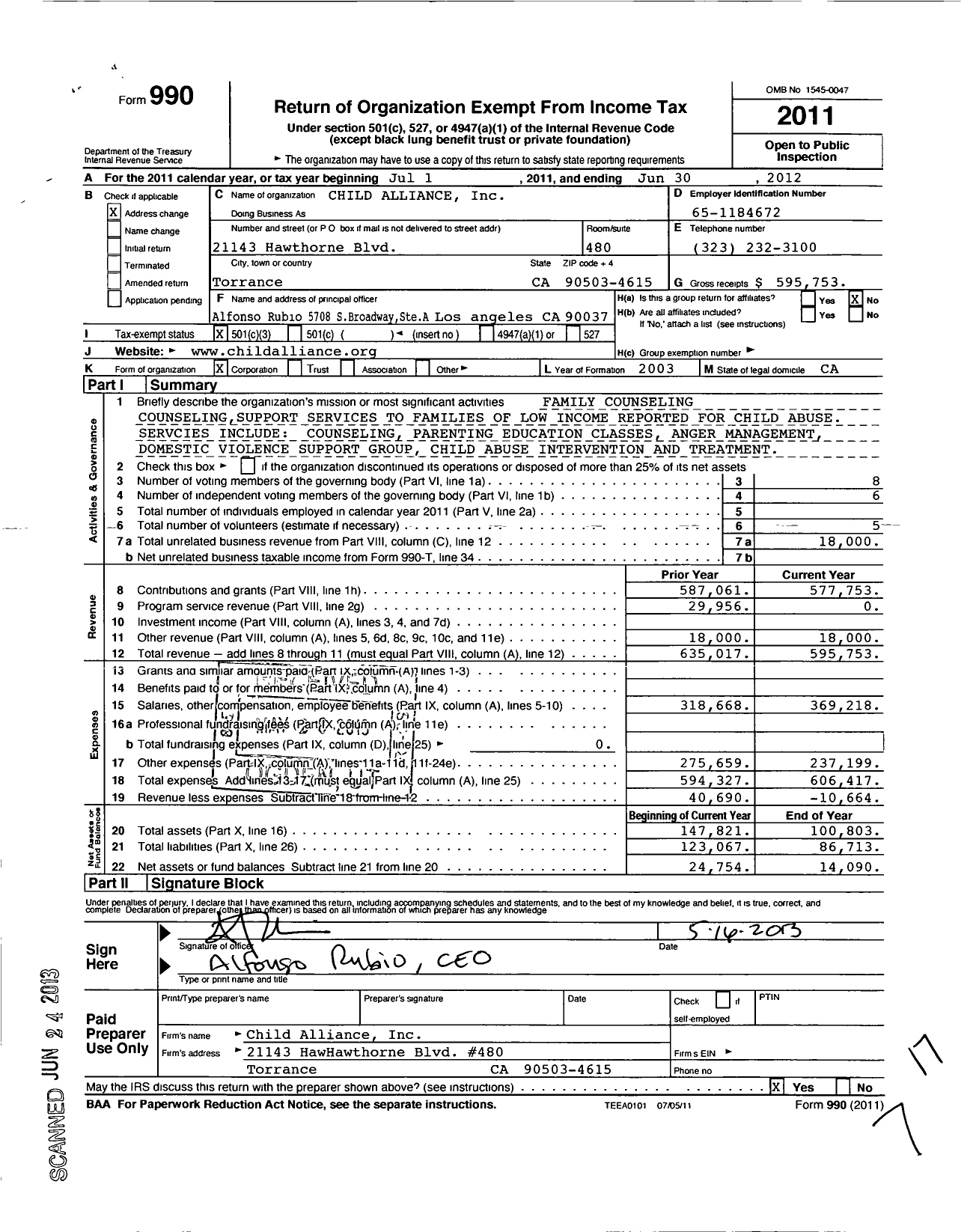 Image of first page of 2011 Form 990 for Child Alliance
