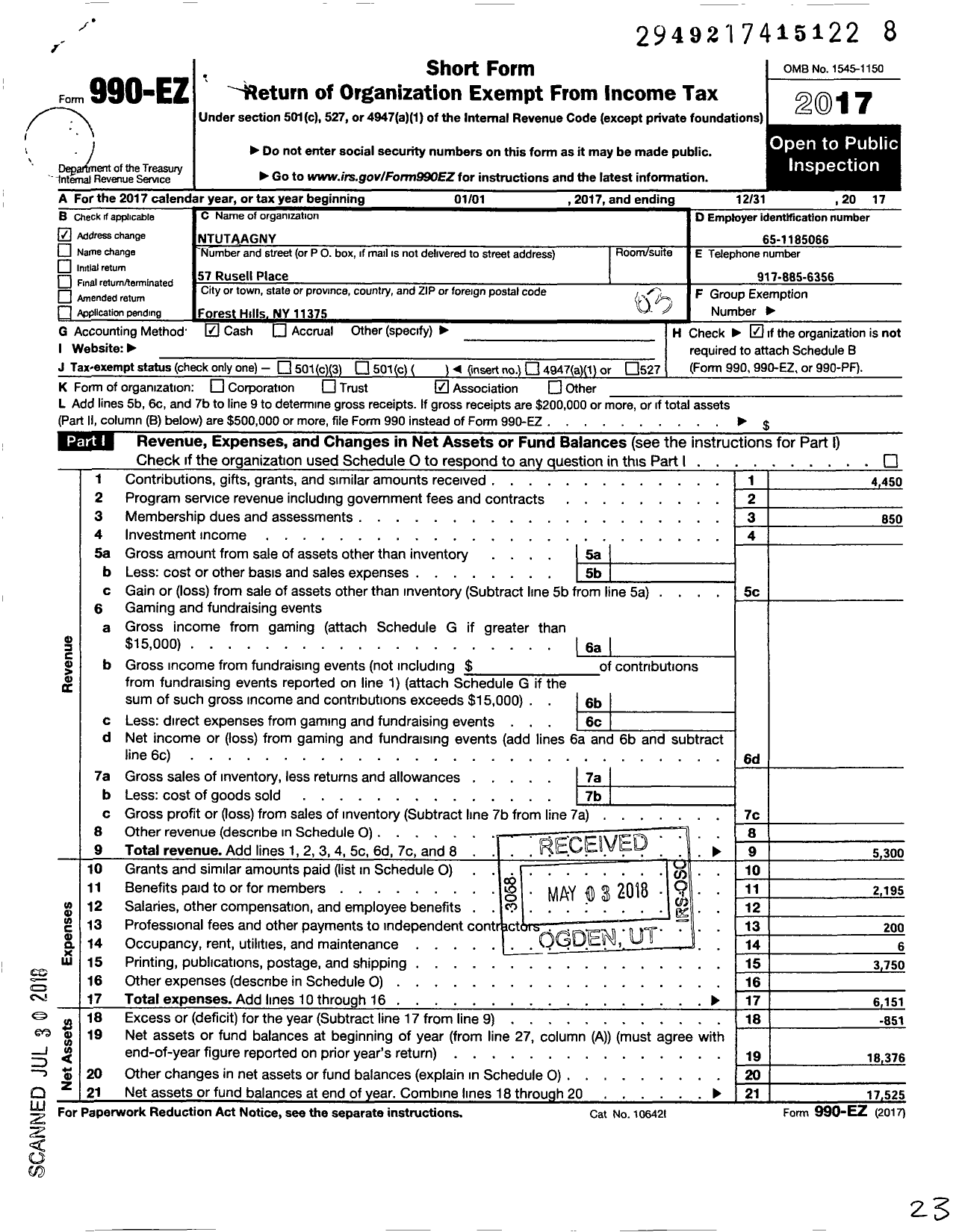 Image of first page of 2017 Form 990EZ for National Taipei University of Tech Alumni Association of Greater Ny