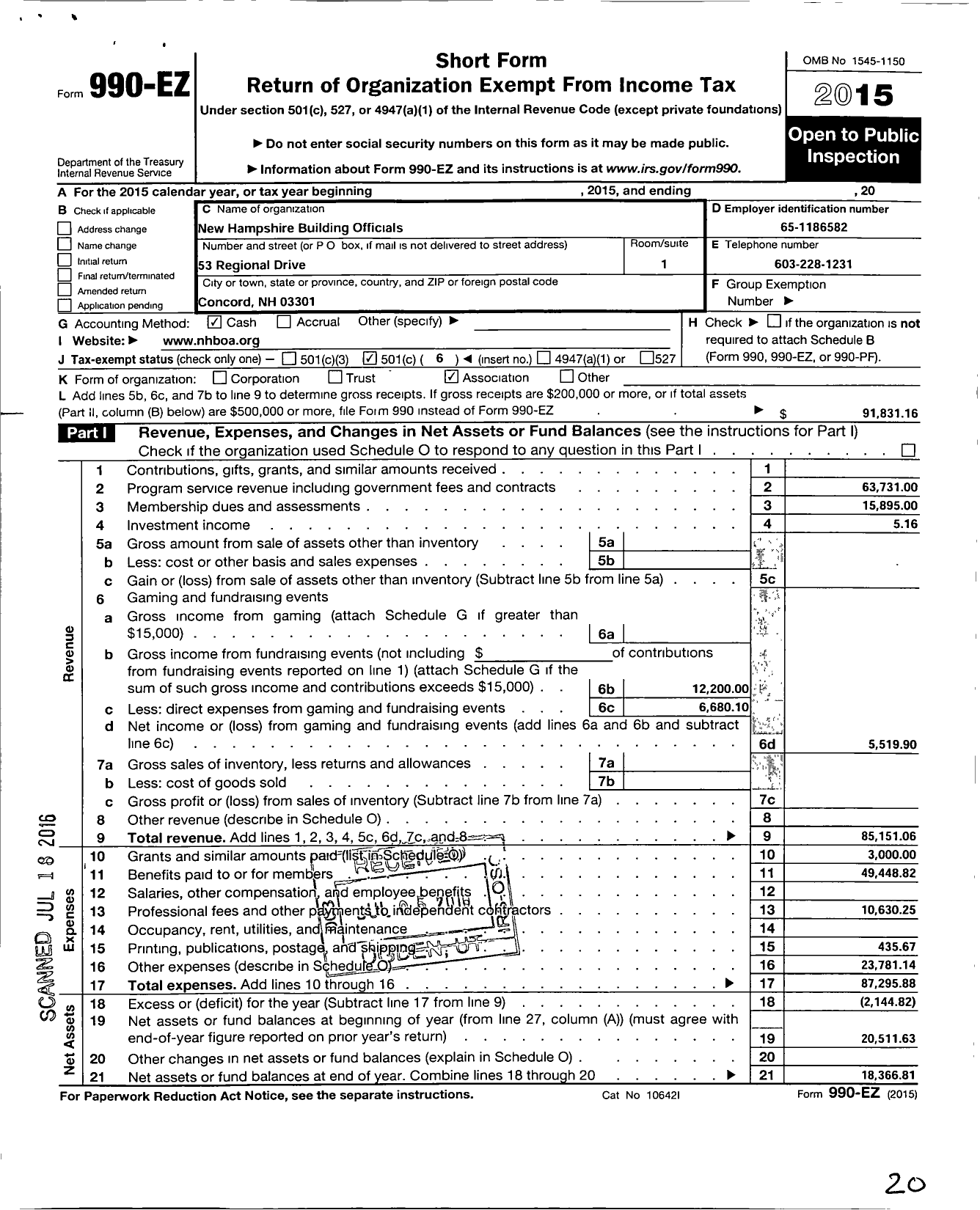 Image of first page of 2015 Form 990EO for New Hampshire Building Officials Association