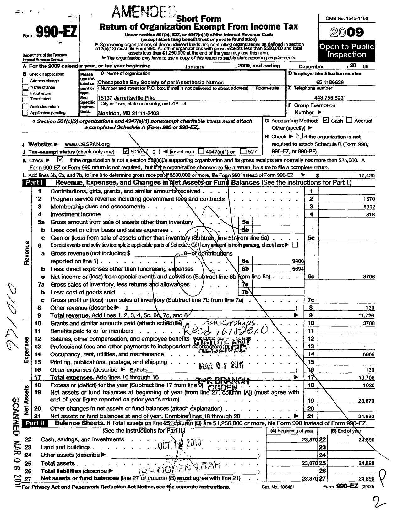 Image of first page of 2009 Form 990EZ for Chesapeake Bay Society of Perianesthesia Nurses