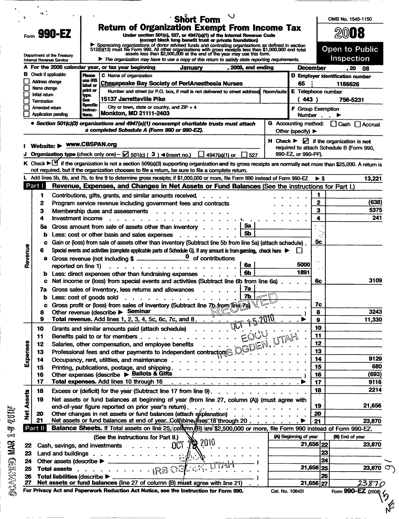 Image of first page of 2008 Form 990EZ for Chesapeake Bay Society of Perianesthesia Nurses