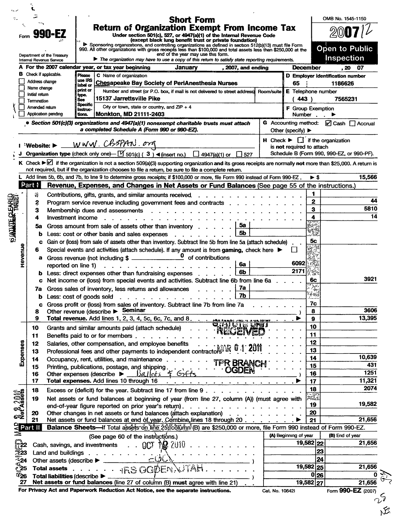 Image of first page of 2007 Form 990EZ for Chesapeake Bay Society of Perianesthesia Nurses