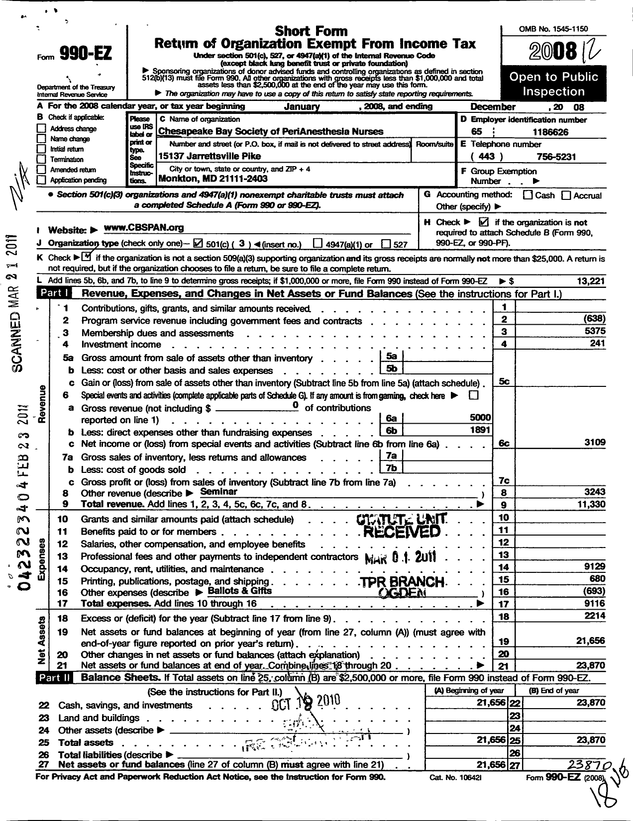 Image of first page of 2008 Form 990EZ for Chesapeake Bay Society of Perianesthesia Nurses