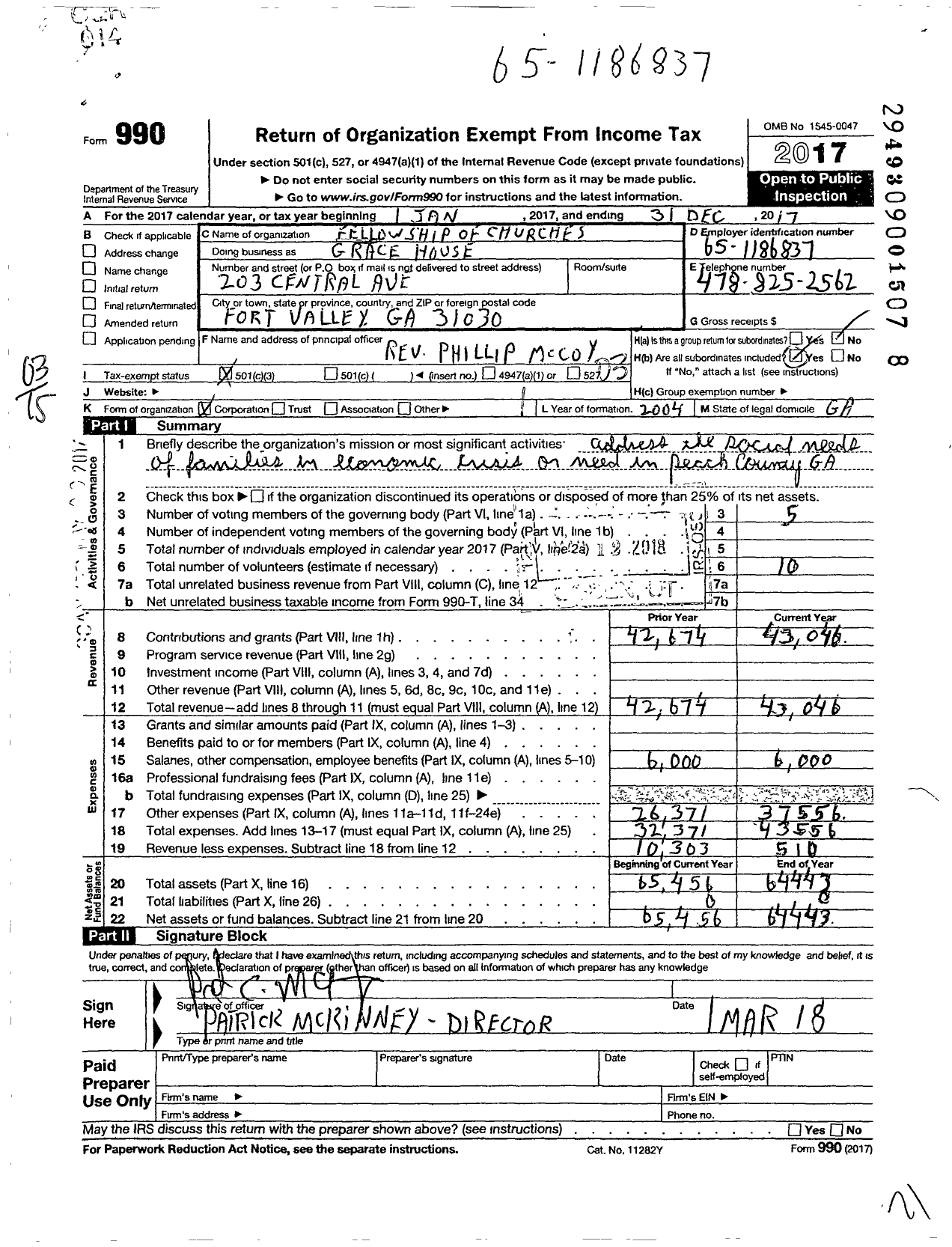 Image of first page of 2017 Form 990 for Fellowship of Churchesgrace House