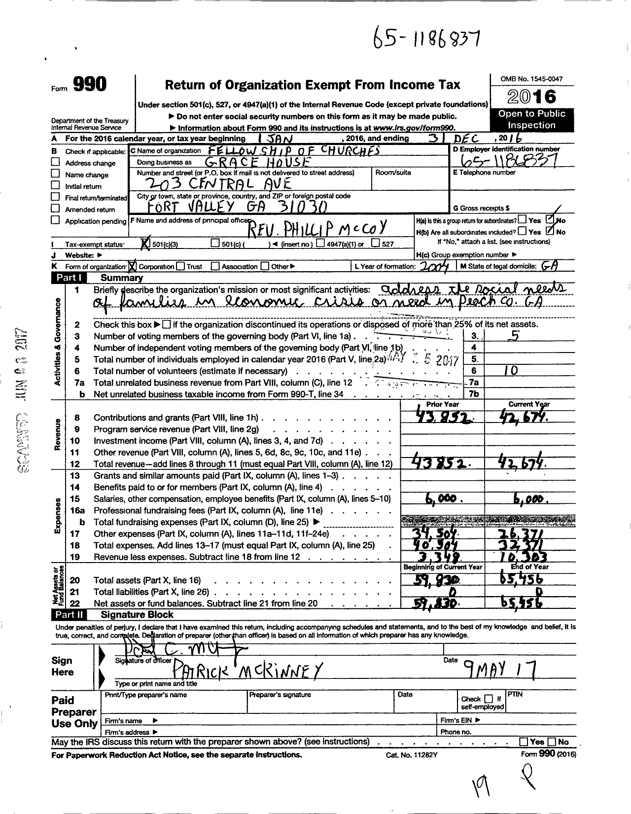 Image of first page of 2016 Form 990 for Fellowship of Churchesgrace House