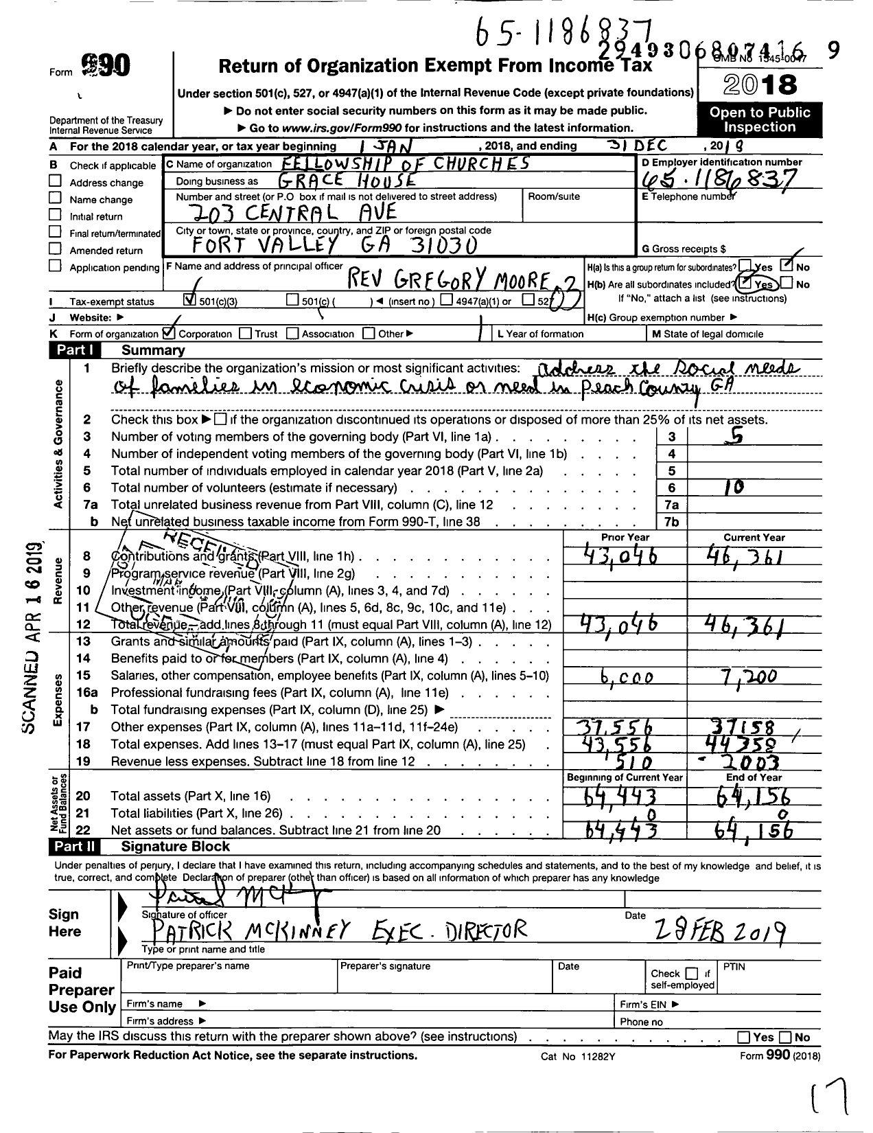 Image of first page of 2018 Form 990 for Fellowship of Churchesgrace House