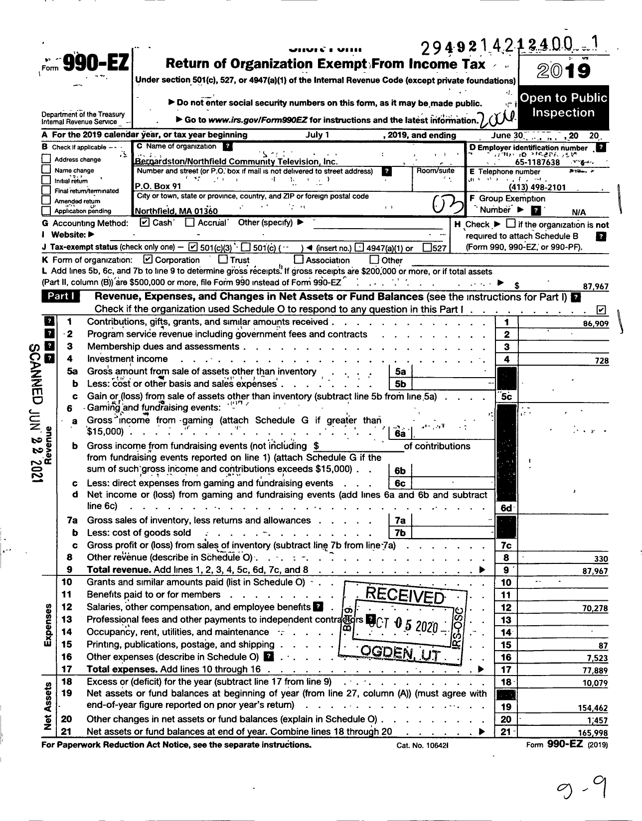 Image of first page of 2019 Form 990EZ for Bernardstonnorthfield Community Television