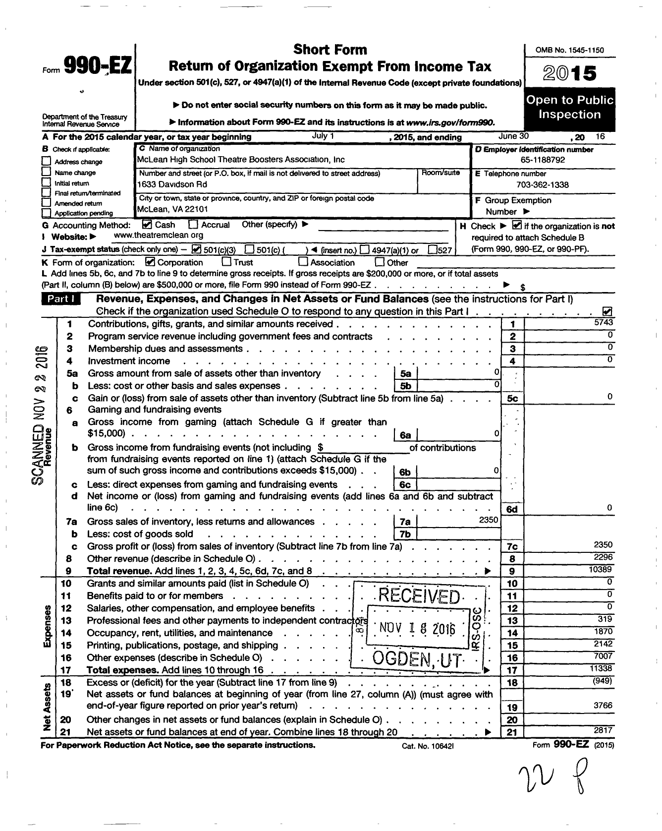 Image of first page of 2015 Form 990EZ for Mclean High School Theatre Boosters