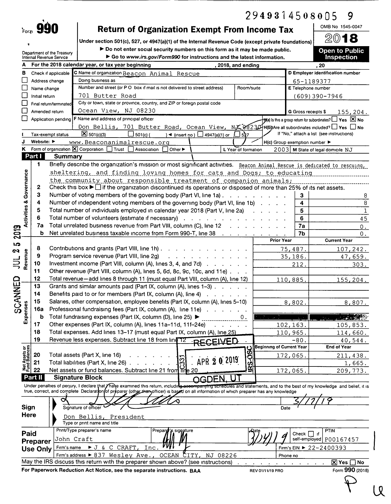 Image of first page of 2018 Form 990 for Beacon Animal Rescue