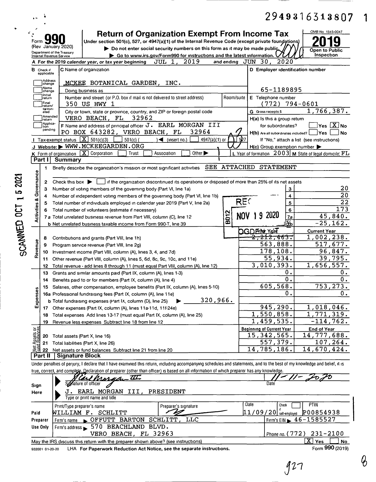 Image of first page of 2019 Form 990 for Mckee Botanical Garden