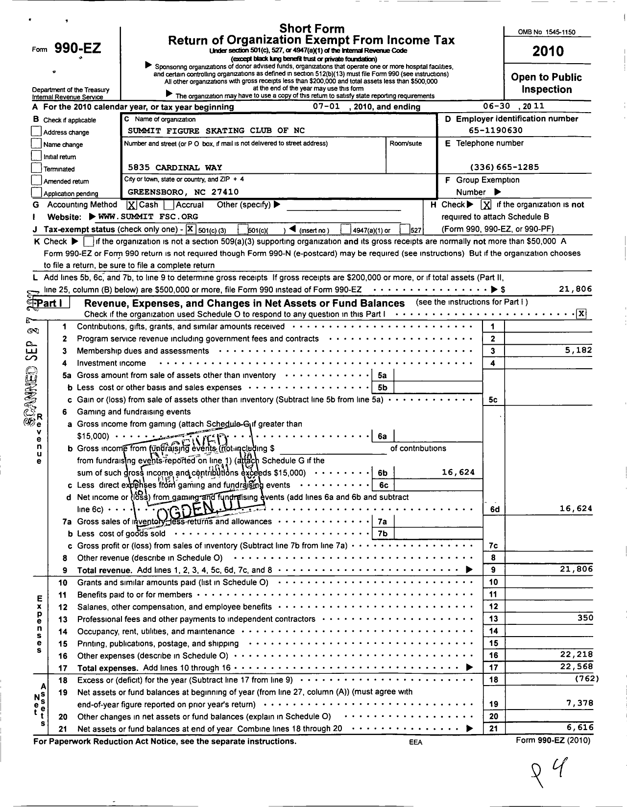 Image of first page of 2010 Form 990EZ for Summit Figure Skating Club of NC