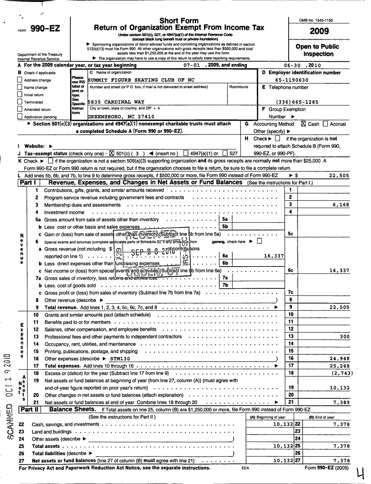 Image of first page of 2009 Form 990EZ for Summit Figure Skating Club of NC