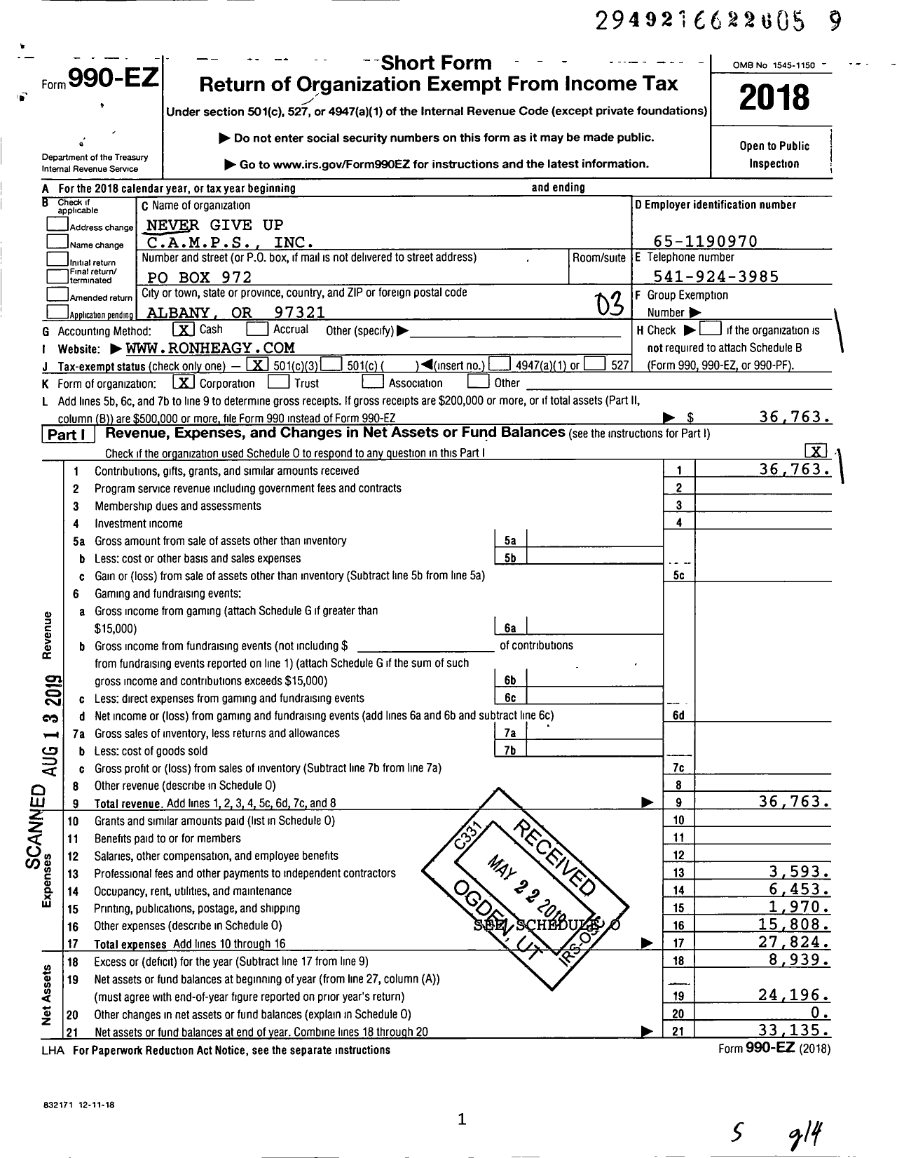 Image of first page of 2018 Form 990EZ for Never Give Up