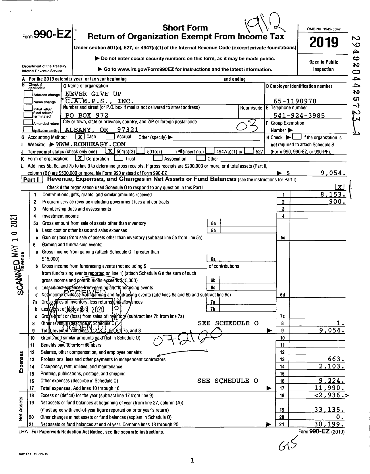 Image of first page of 2019 Form 990EZ for Never Give Up