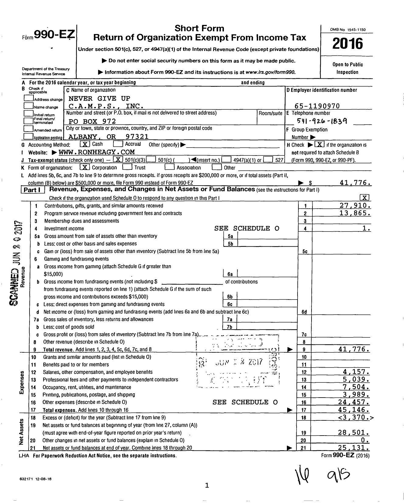 Image of first page of 2016 Form 990EZ for Never Give Up