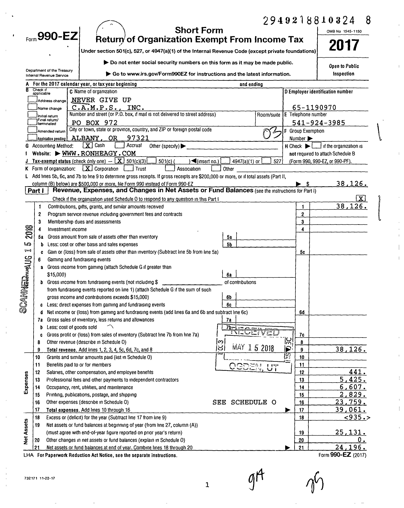 Image of first page of 2017 Form 990EZ for Never Give Up