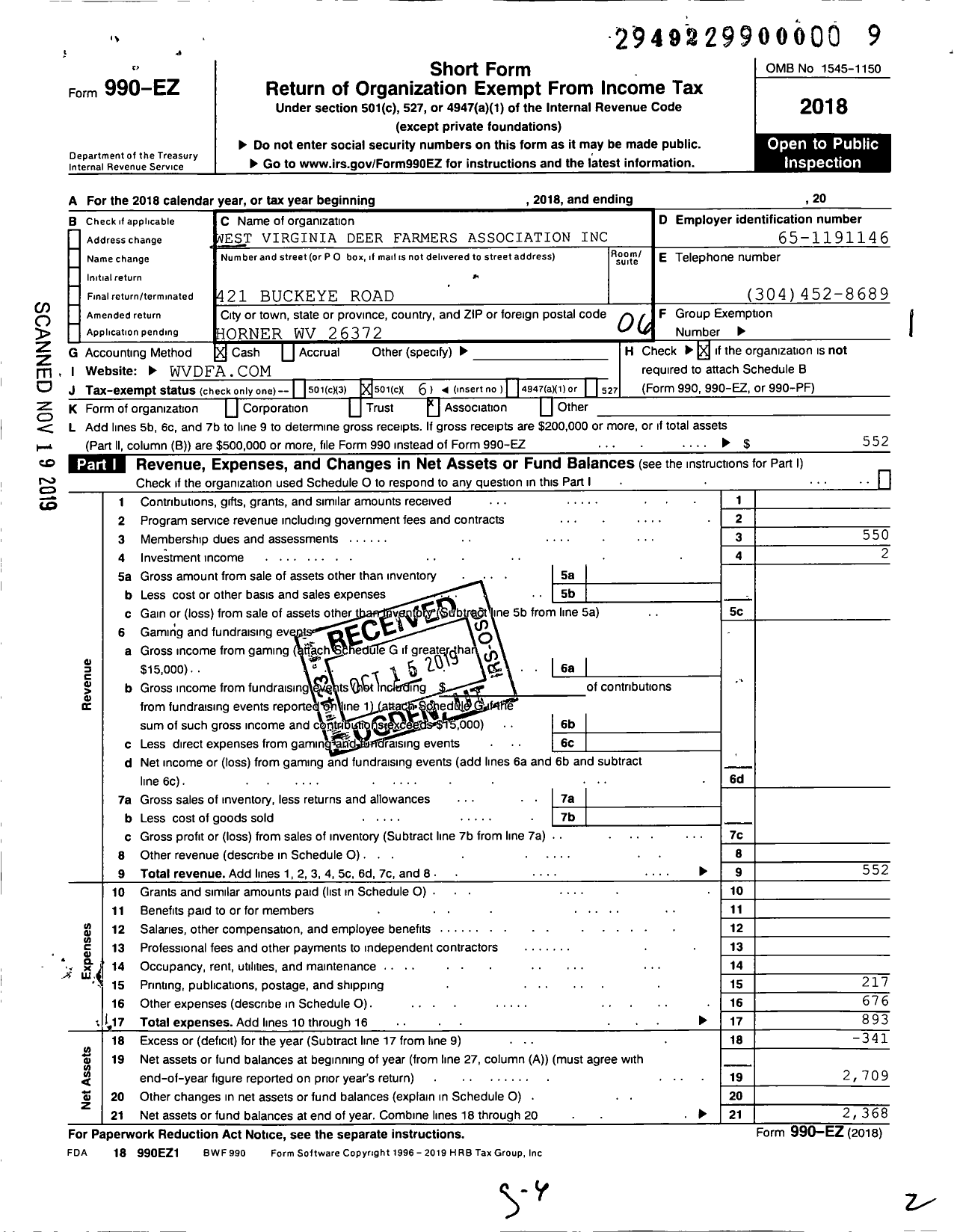 Image of first page of 2018 Form 990EO for West Virginia Deer Farmers Association