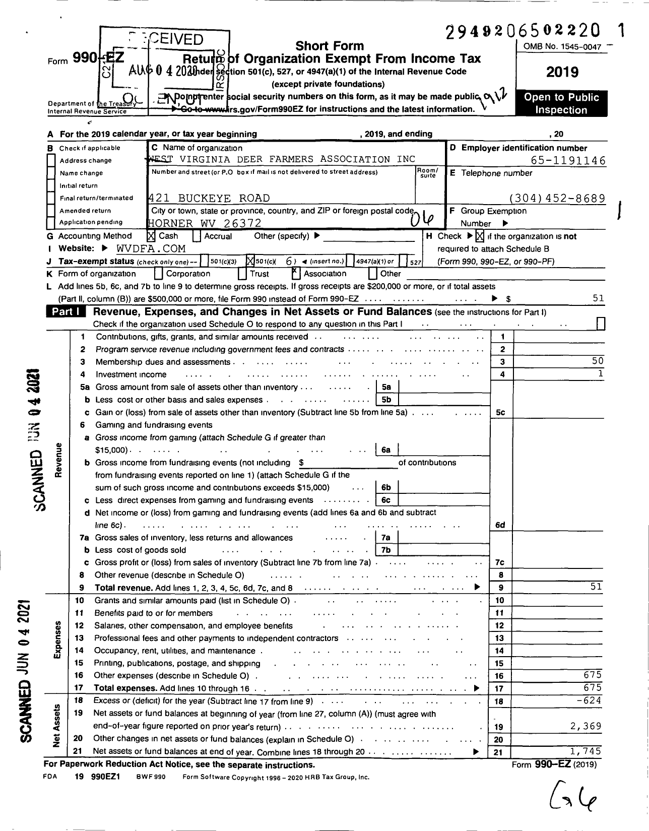 Image of first page of 2019 Form 990EO for West Virginia Deer Farmers Association