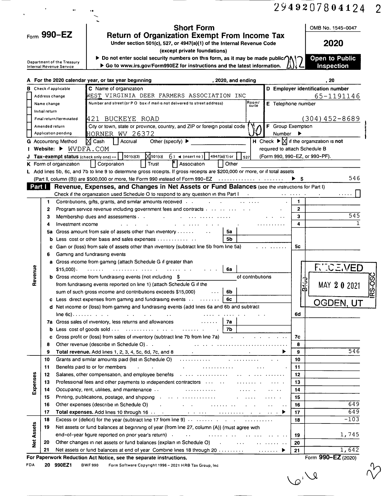 Image of first page of 2020 Form 990EO for West Virginia Deer Farmers Association