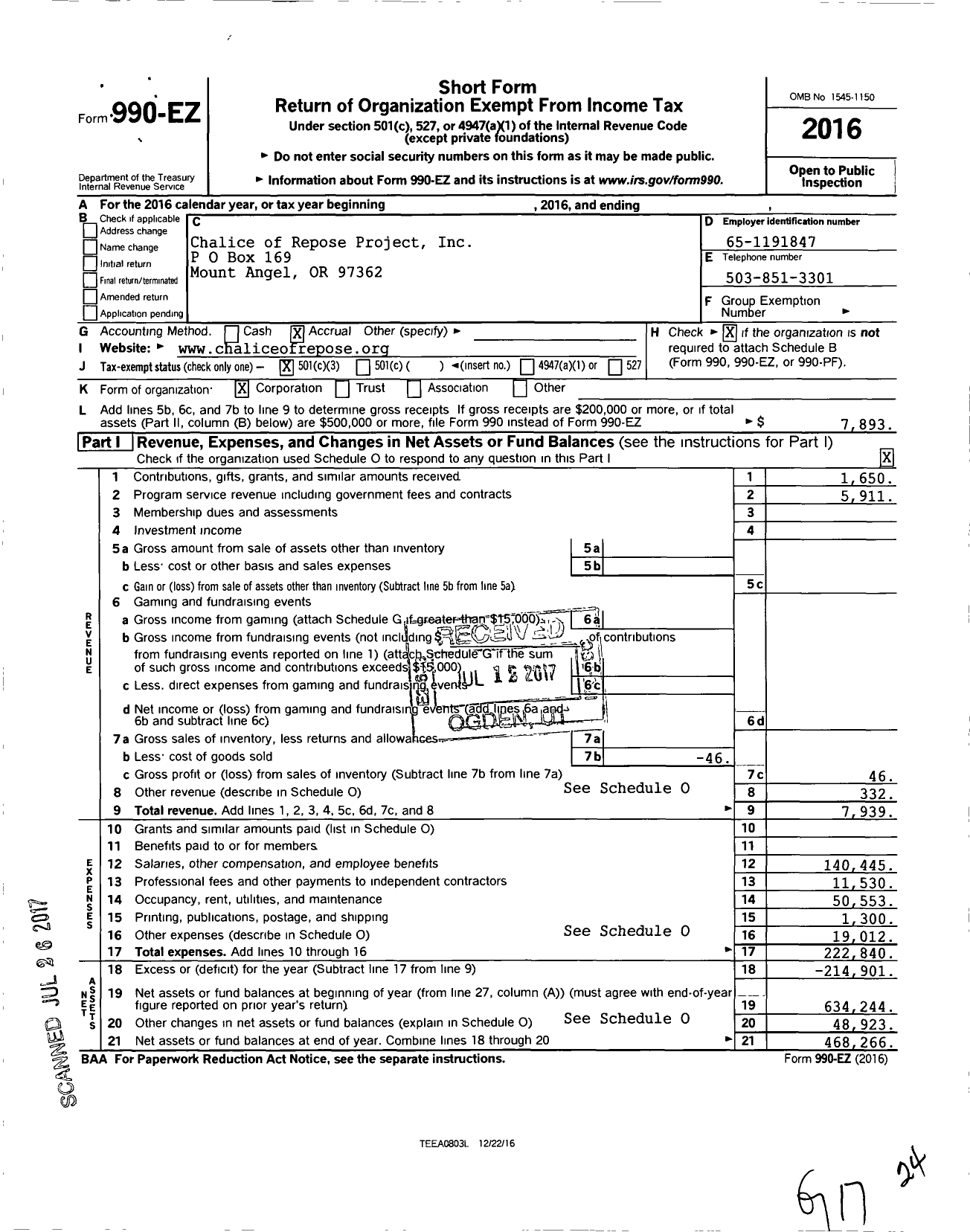 Image of first page of 2016 Form 990EZ for Chalice of Repose Project