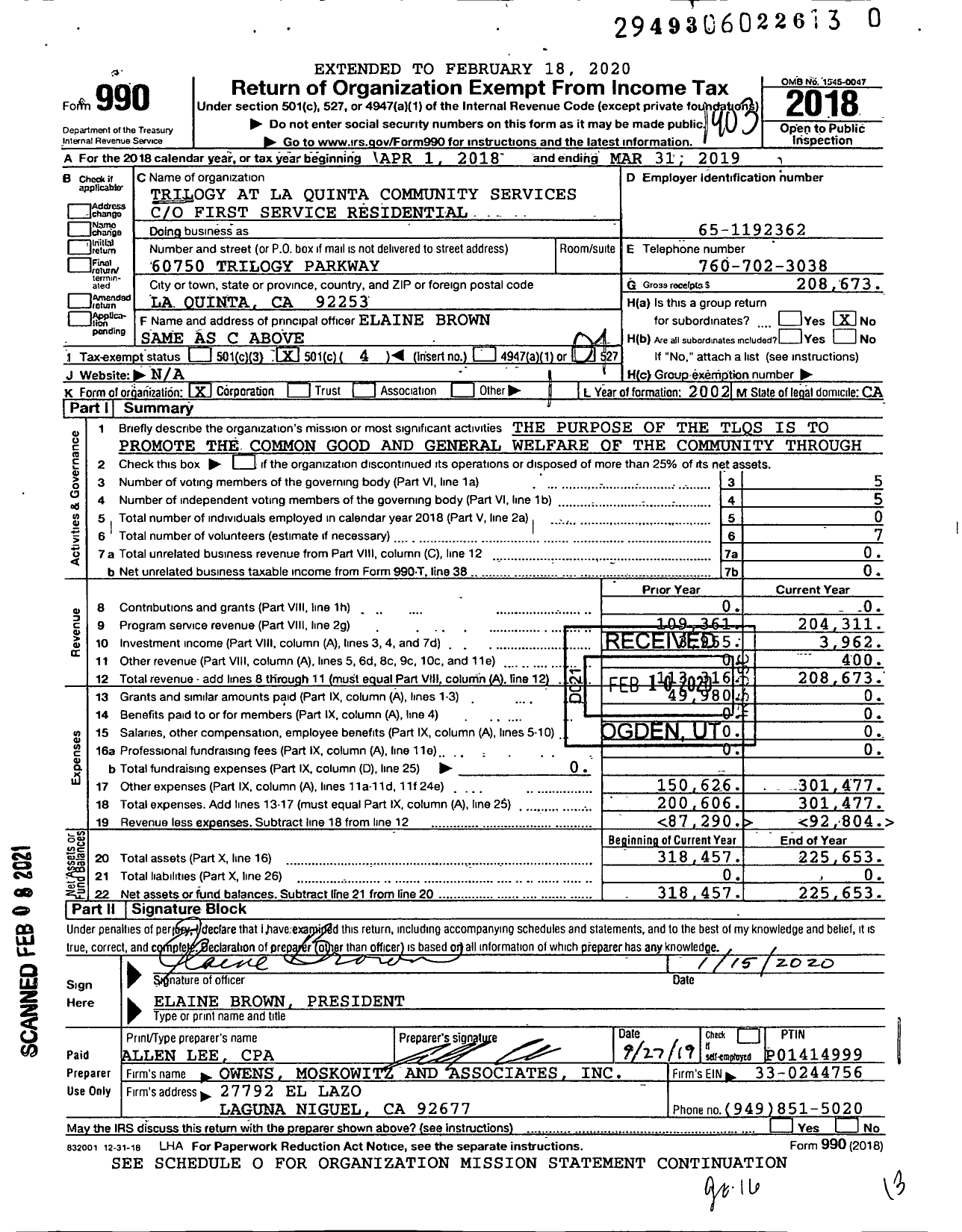 Image of first page of 2018 Form 990O for Trilogy at La Quinta Community Services