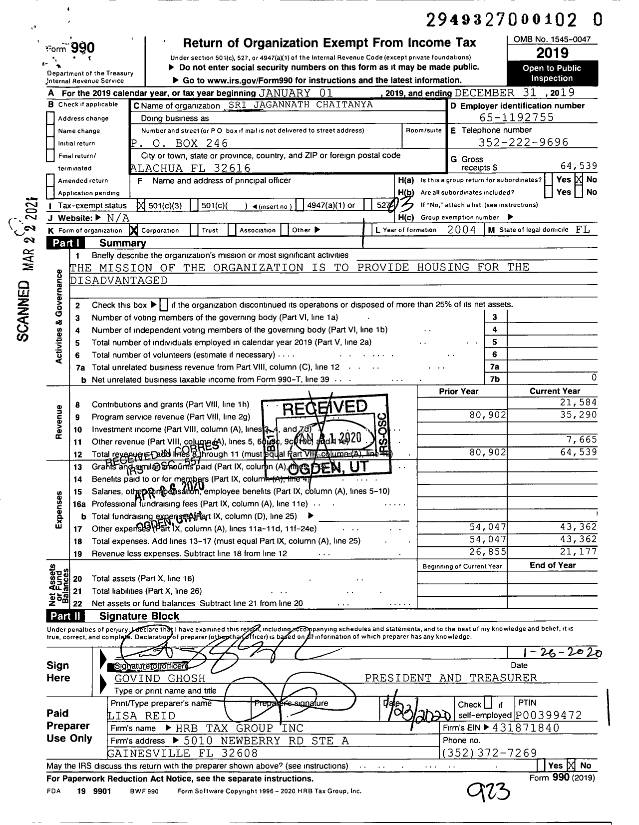 Image of first page of 2019 Form 990 for Sri Jagannath Chaitanya