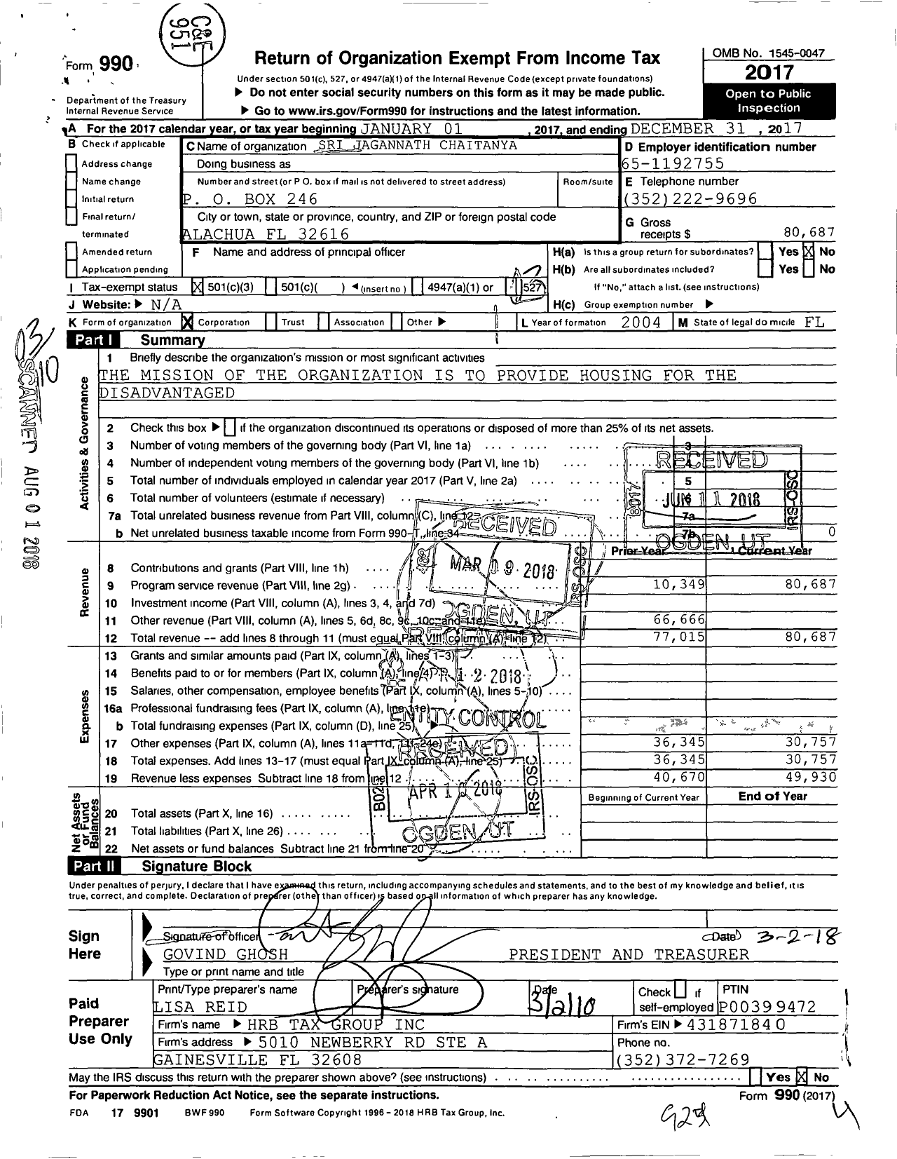 Image of first page of 2017 Form 990 for Sri Jagannath Chaitanya