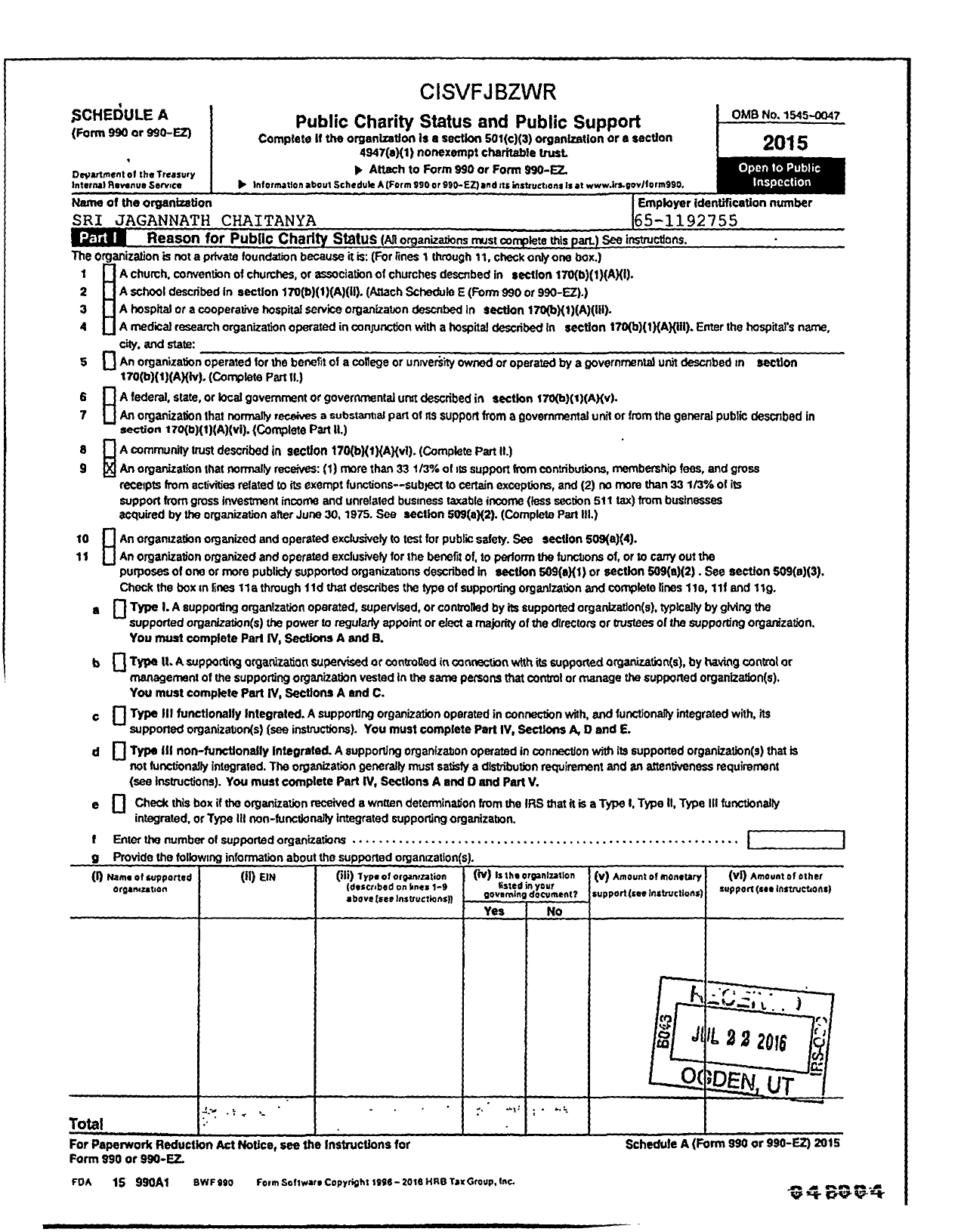 Image of first page of 2015 Form 990ER for Sri Jagannath Chaitanya