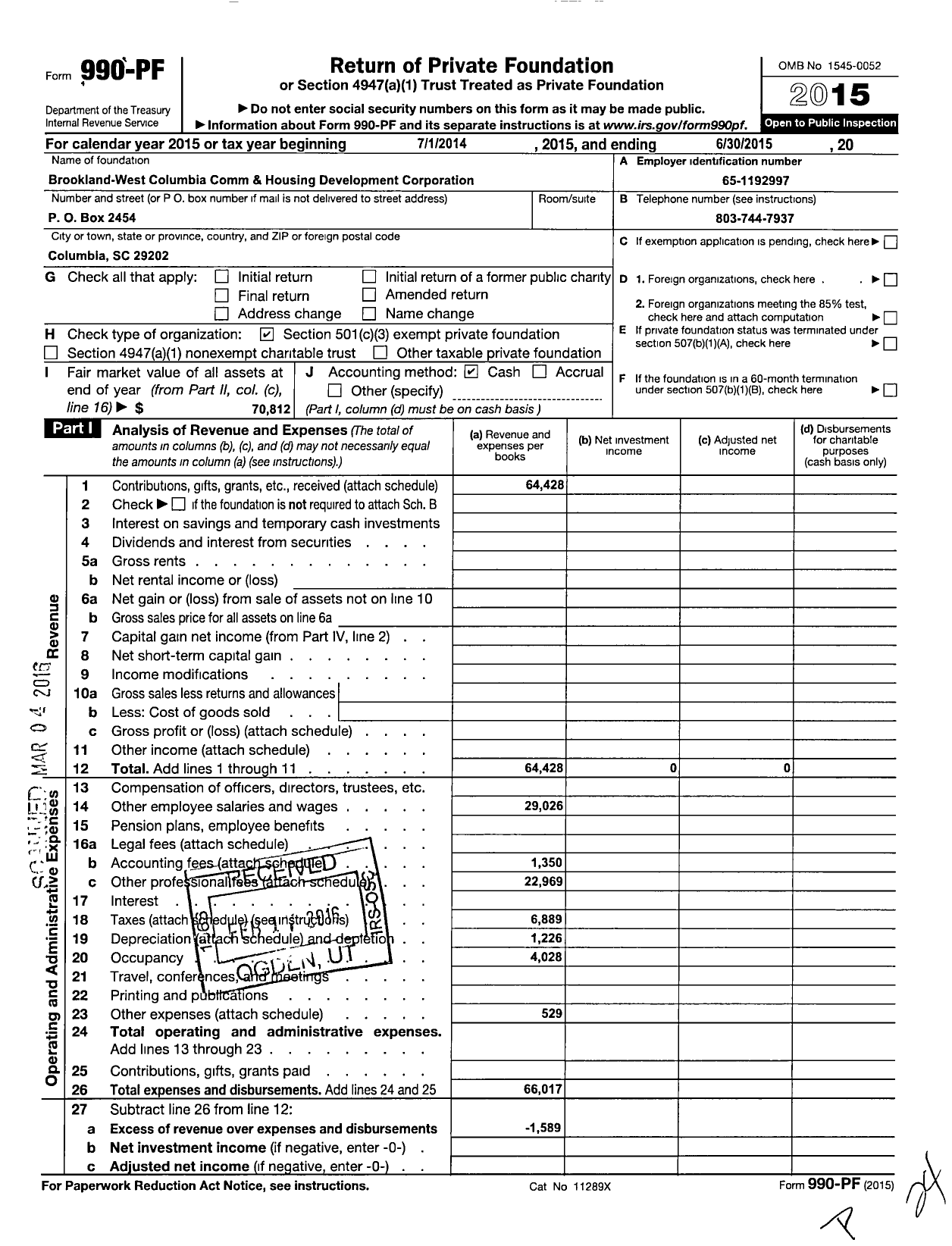 Image of first page of 2014 Form 990PF for Brookland West Columbia Comm and Housing Development Corporation