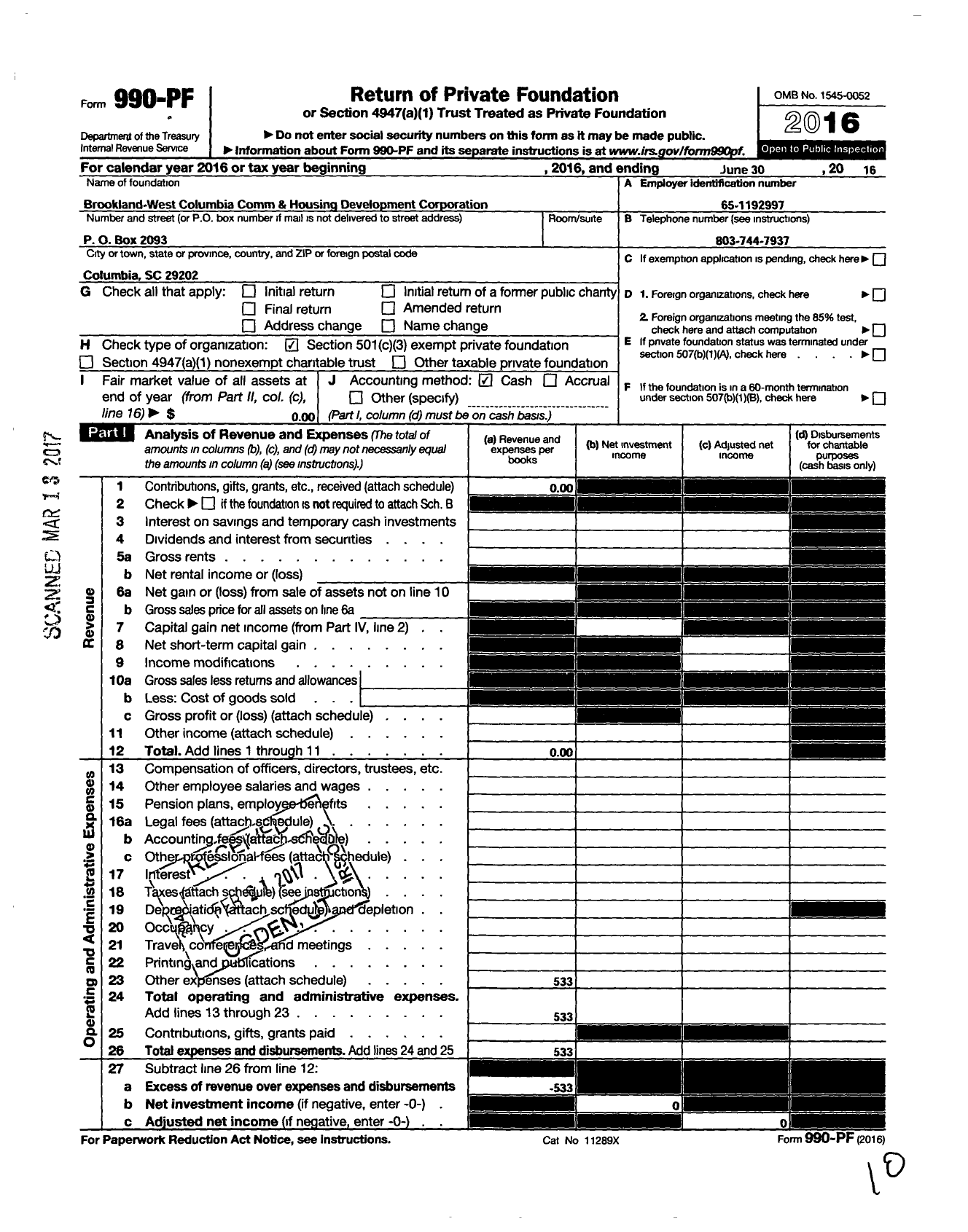 Image of first page of 2015 Form 990PF for Brookland West Columbia Comm and Housing Development Corporation