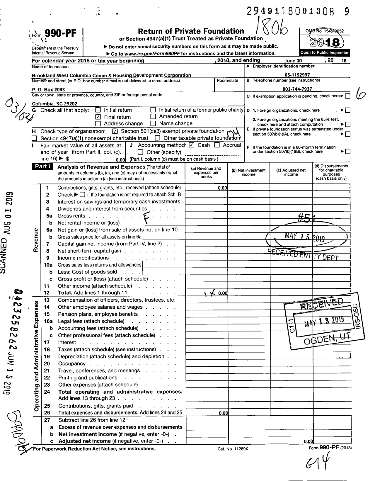 Image of first page of 2017 Form 990PF for Brookland West Columbia Comm and Housing Development Corporation