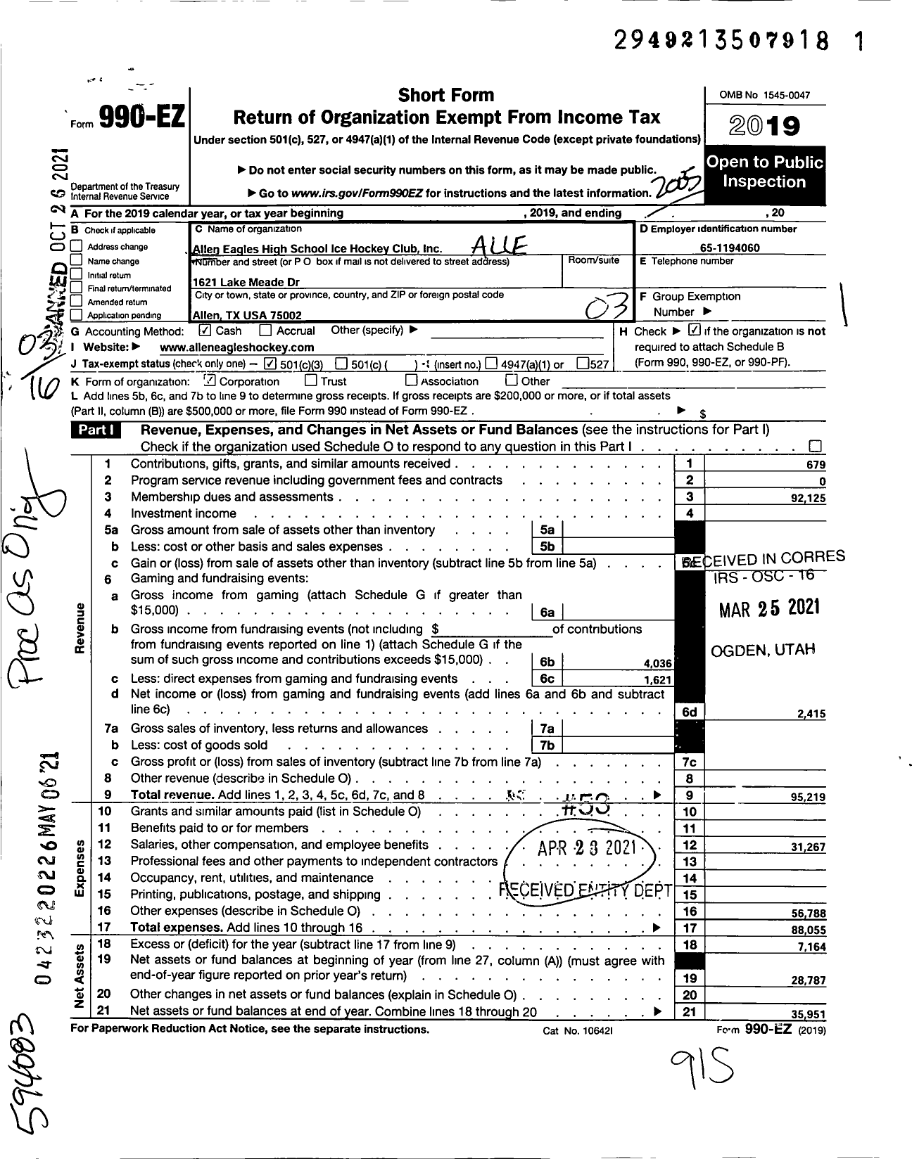 Image of first page of 2019 Form 990EZ for Allen Eagles High School Ice Hockey Club