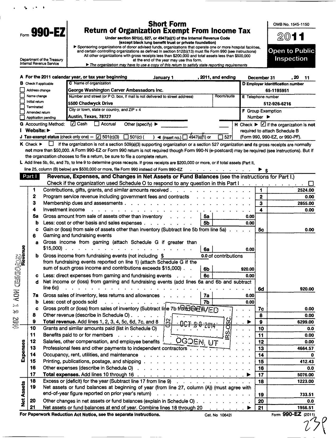 Image of first page of 2011 Form 990EZ for George Washington Carver Ambassadors (GWCA)