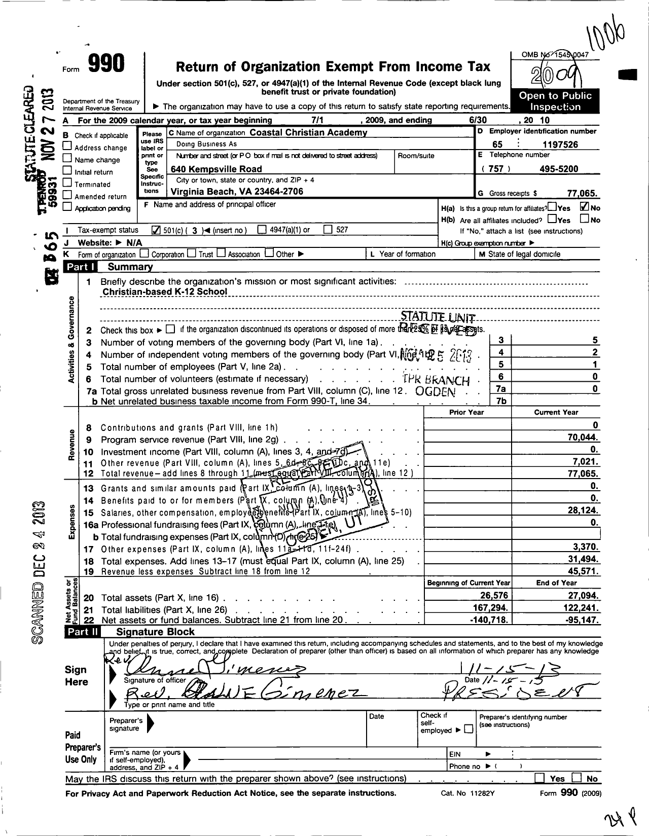 Image of first page of 2009 Form 990 for Coastal Christian Academy