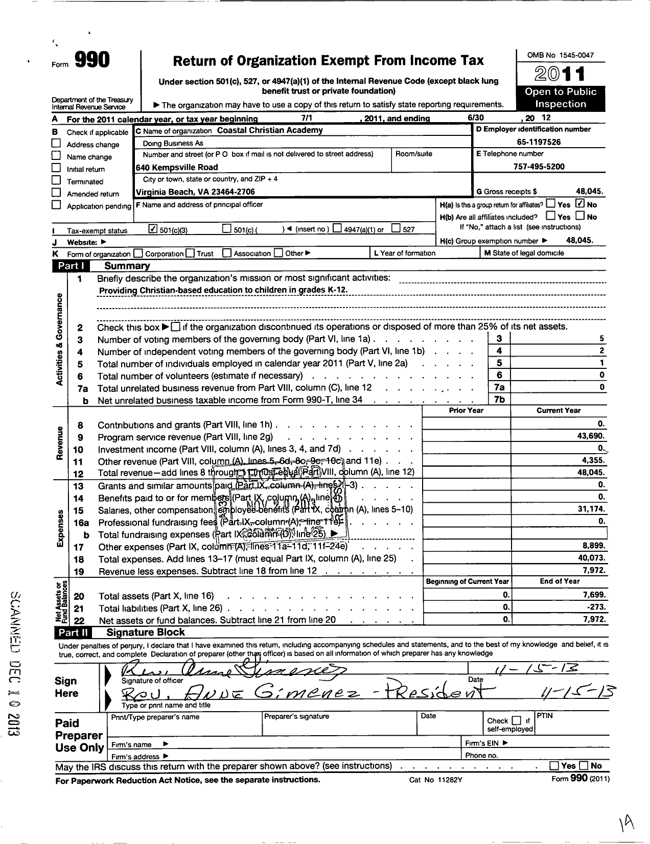 Image of first page of 2011 Form 990 for Coastal Christian Academy