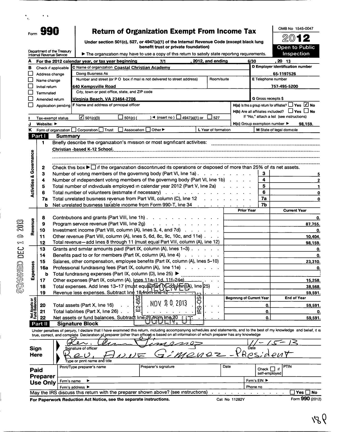 Image of first page of 2012 Form 990 for Coastal Christian Academy