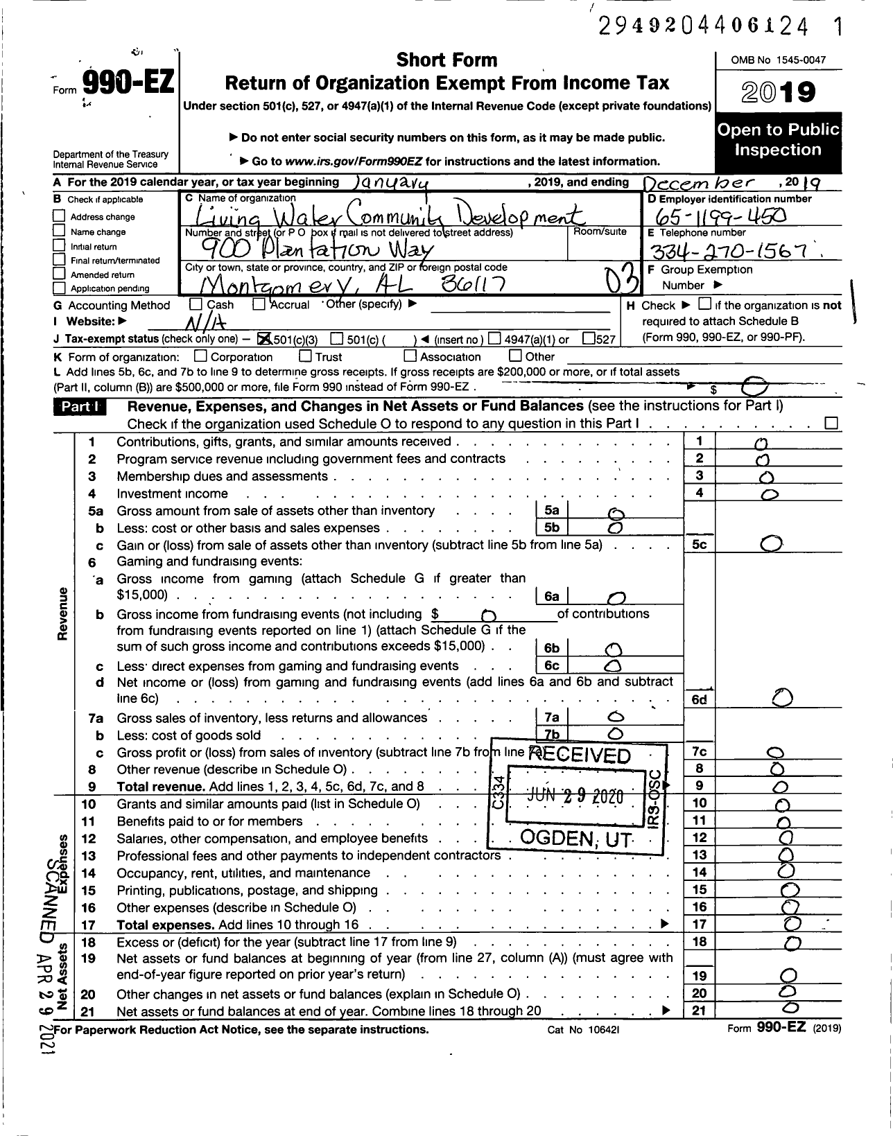 Image of first page of 2019 Form 990EZ for Living Waters Community Development